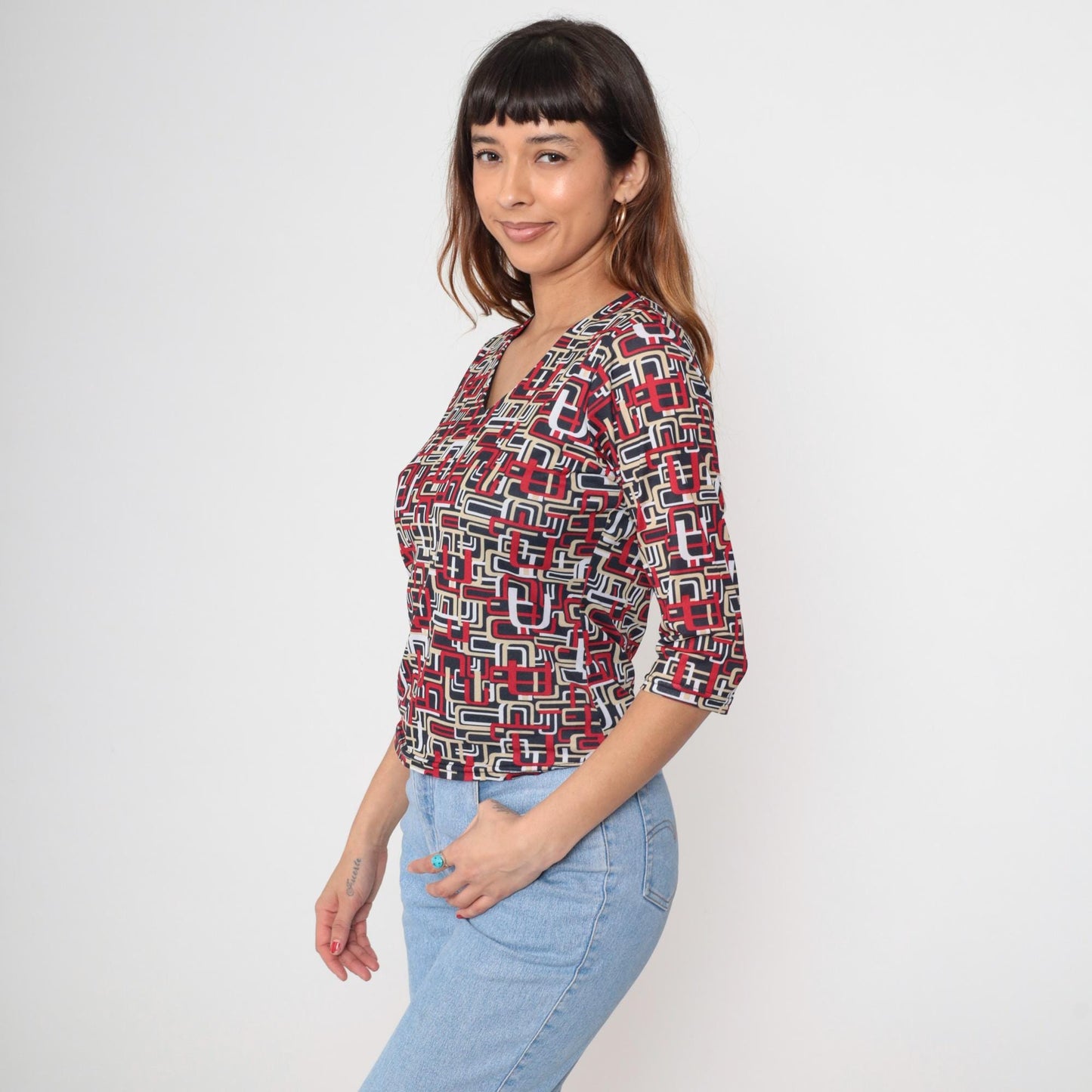 Y2K Erena Petite Geometric Abstract V-Neck Blouse Red Black White Small S