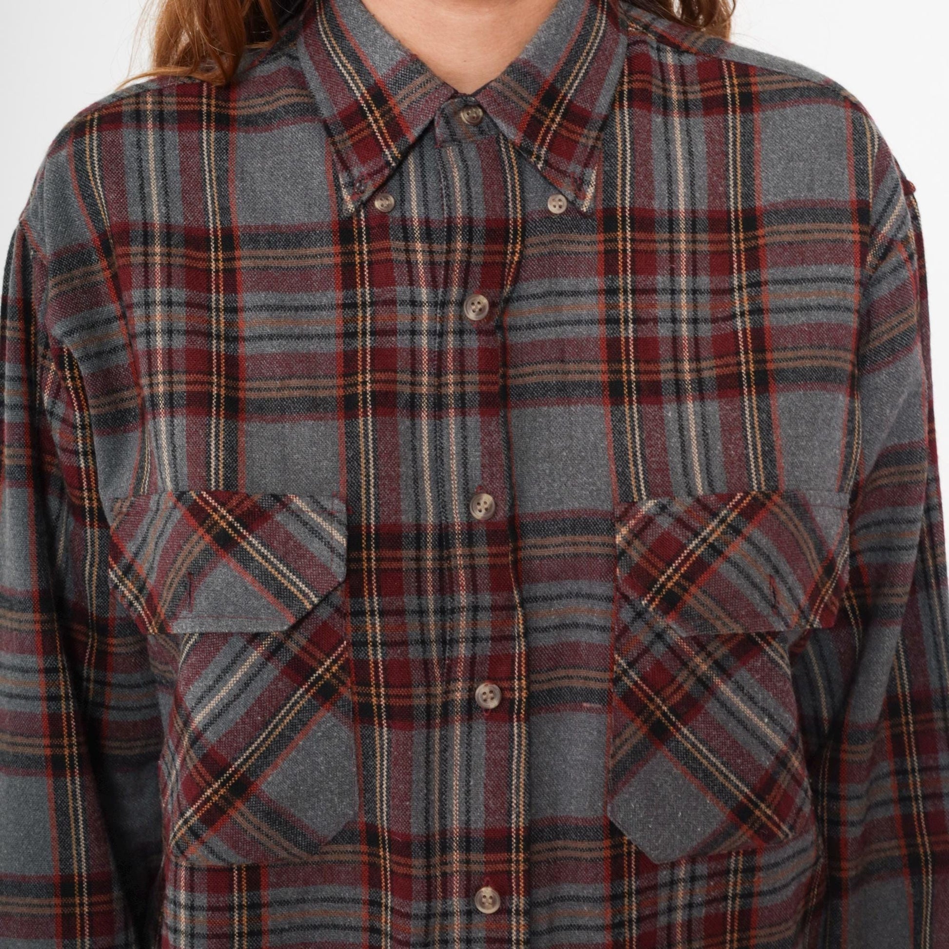 90s Outdoor Exchange Flannel Shirt Grey Red Plaid Button-Up Small S