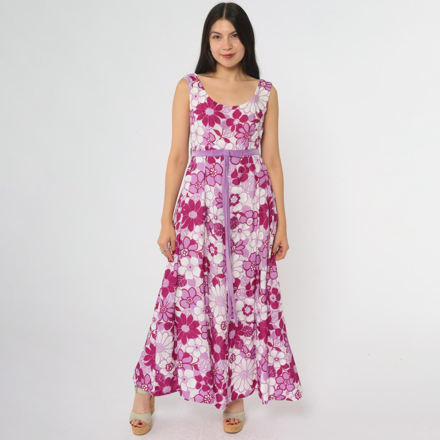 70s Floral Maxi Dress Pink Purple Daisy Print Sleeveless Small