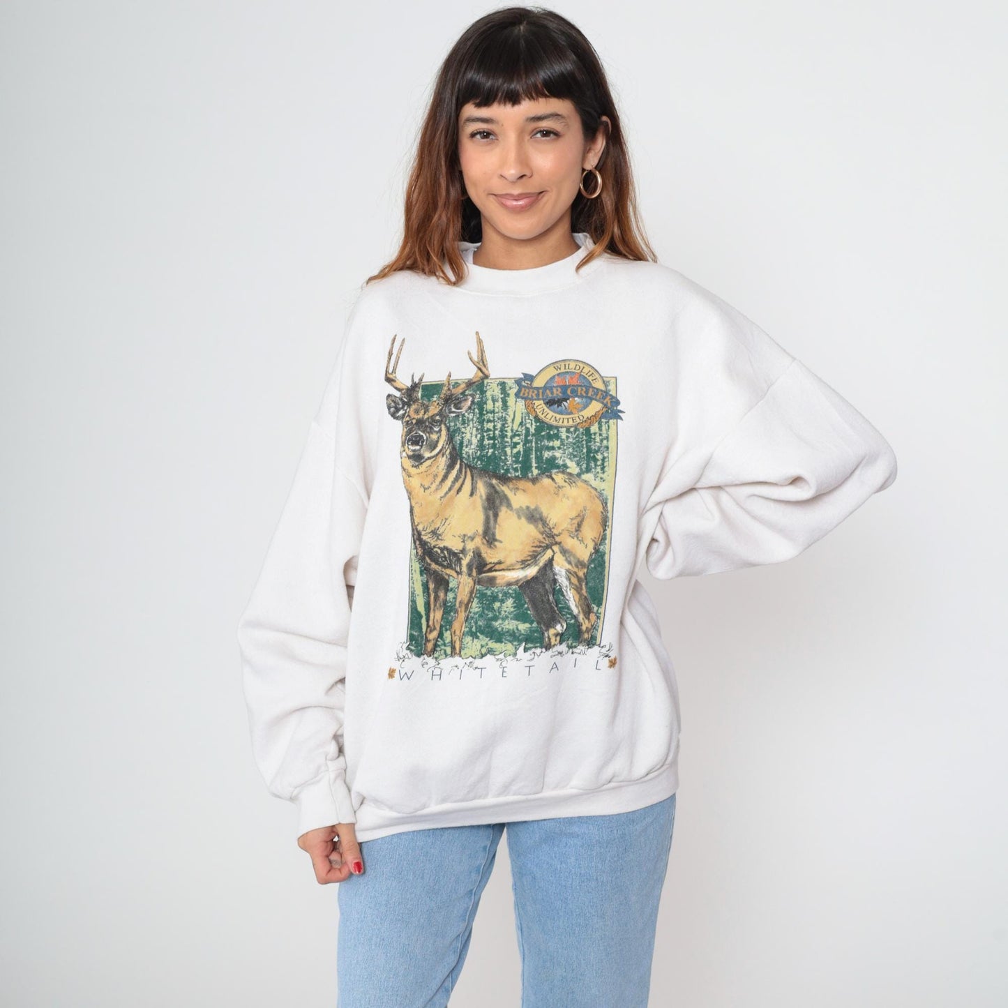 90s White Tail Deer Graphic Sweatshirt Off White Crewneck Pullover Extra Large