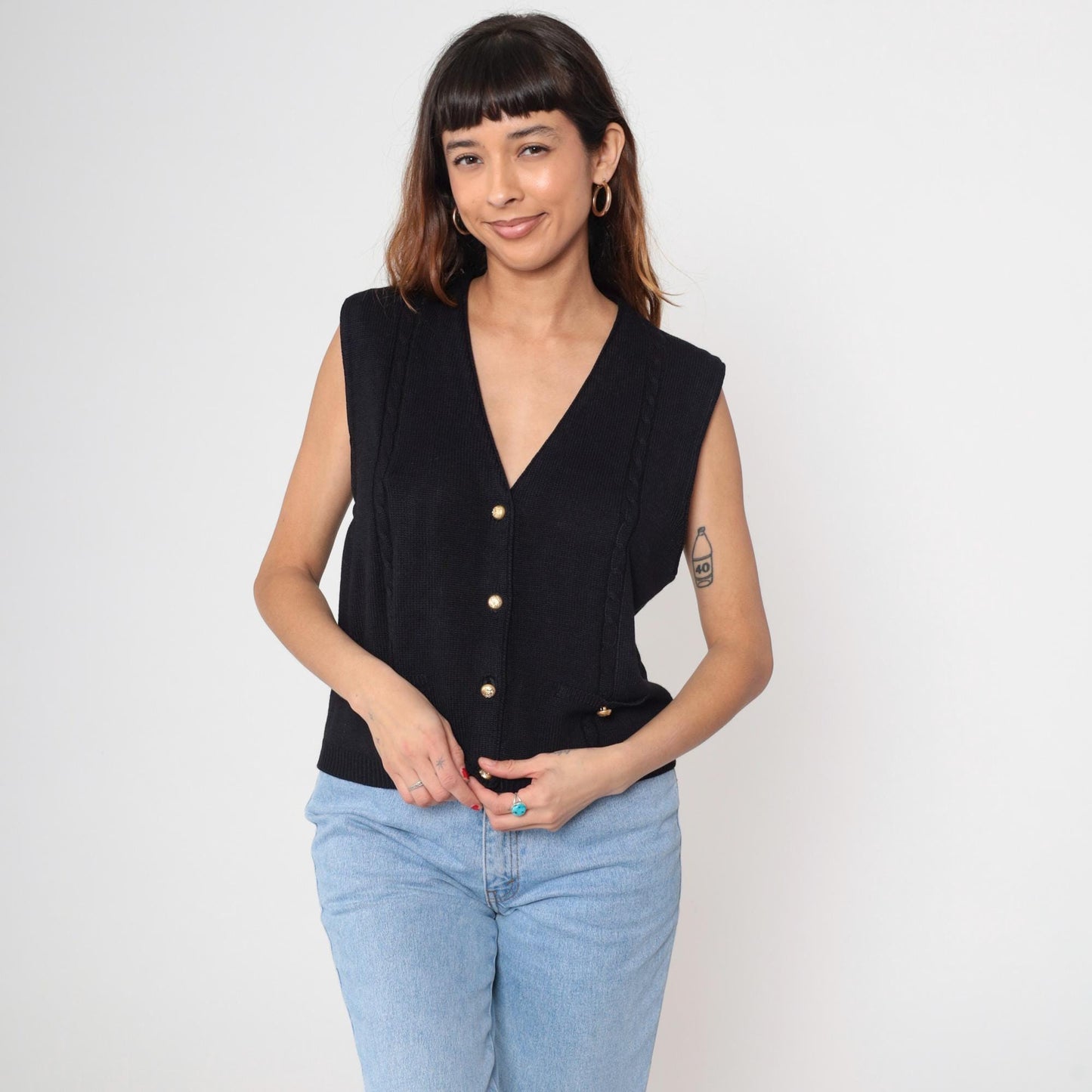 90s Black Knit Vest Deep V Neck Button Front Sleeveless Cardigan Medium