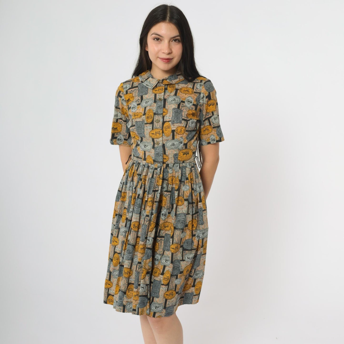60s Novelty Advertisement Print Dress Yellow Grey Collar Button Front Knee Length Extra Small XS