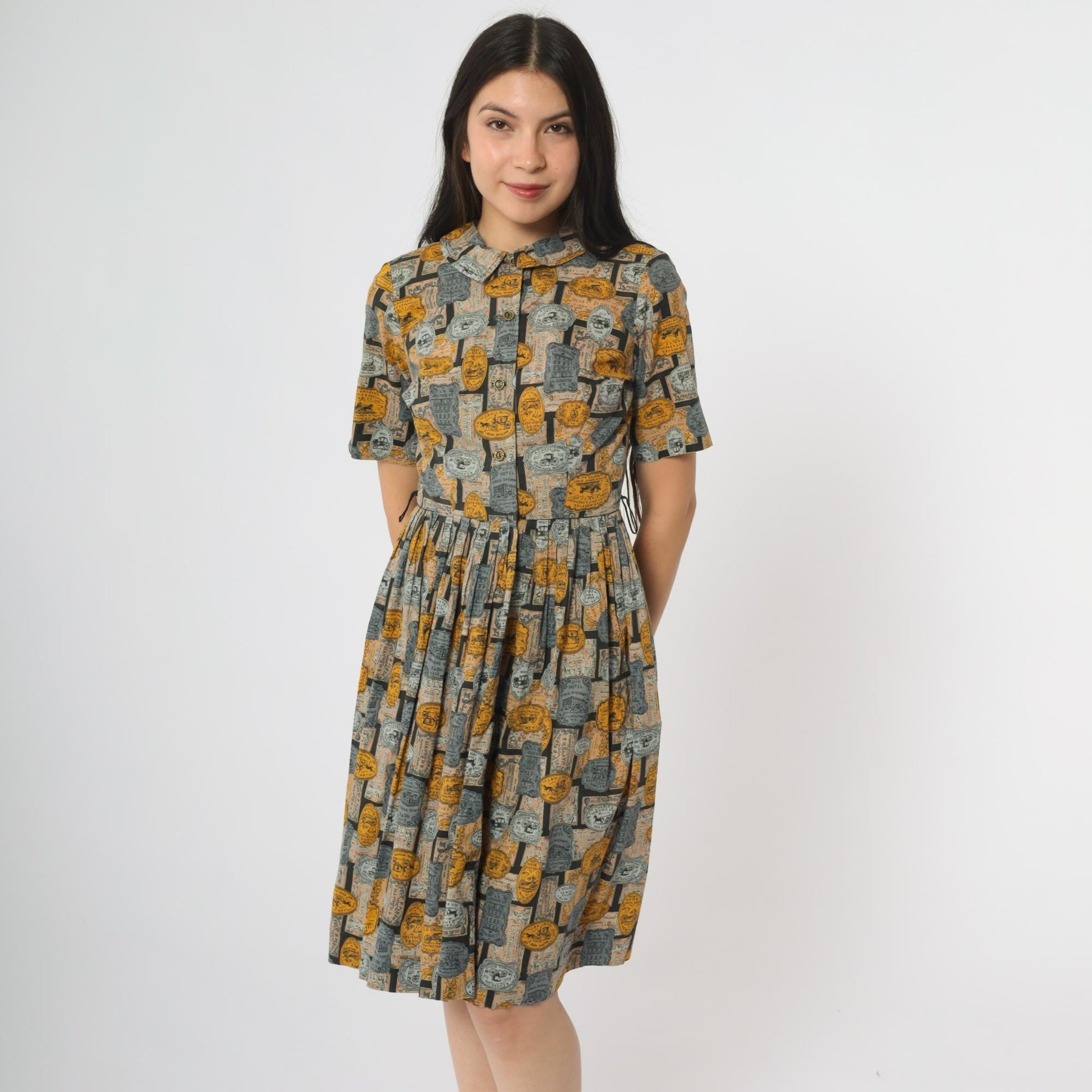 60s Novelty Advertisement Print Dress Yellow Grey Collar Button Front Knee Length Extra Small XS