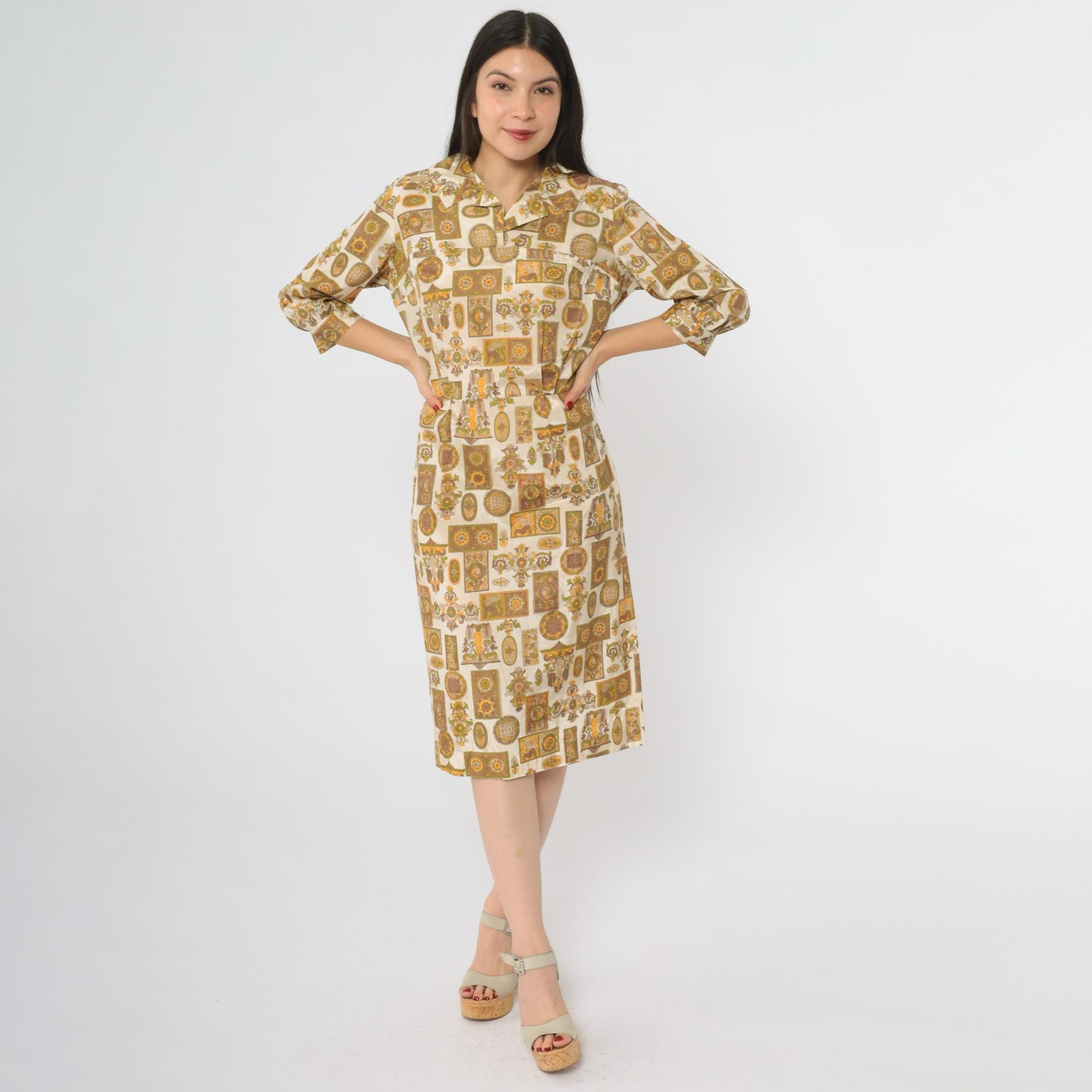60s Medallion Print Dress Quarter Sleeve Collar Button Midi A-Line Brown Orange Large L