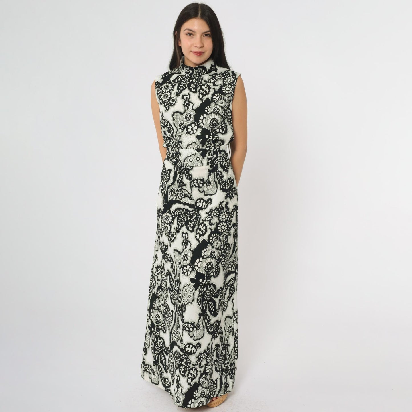 70s Chapter Two Paisley Maxi Dress Black White Mock Neck Sleeveless Medium