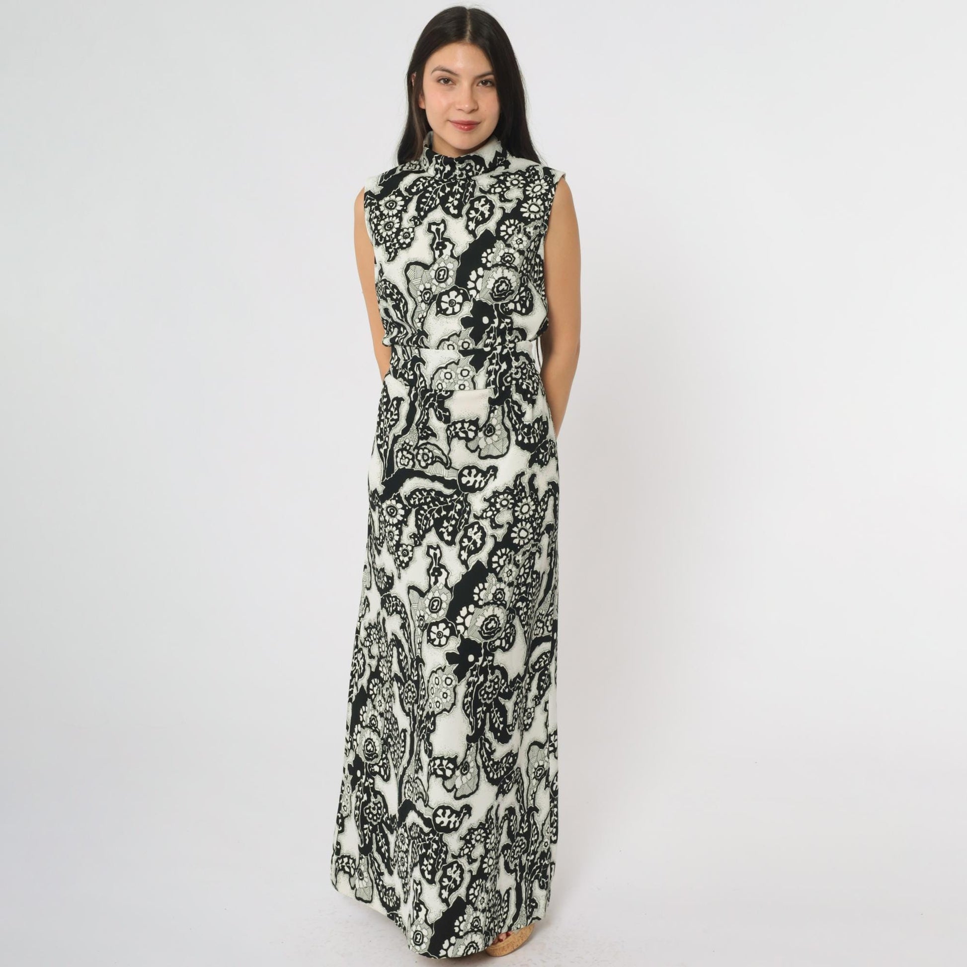 70s Chapter Two Paisley Maxi Dress Black White Mock Neck Sleeveless Medium