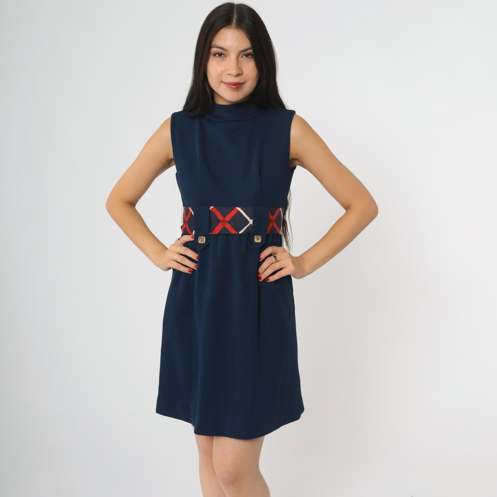 60s Navy Mock Neck Mini Dress Geometric Belt A-Line Sleeveless Extra Small