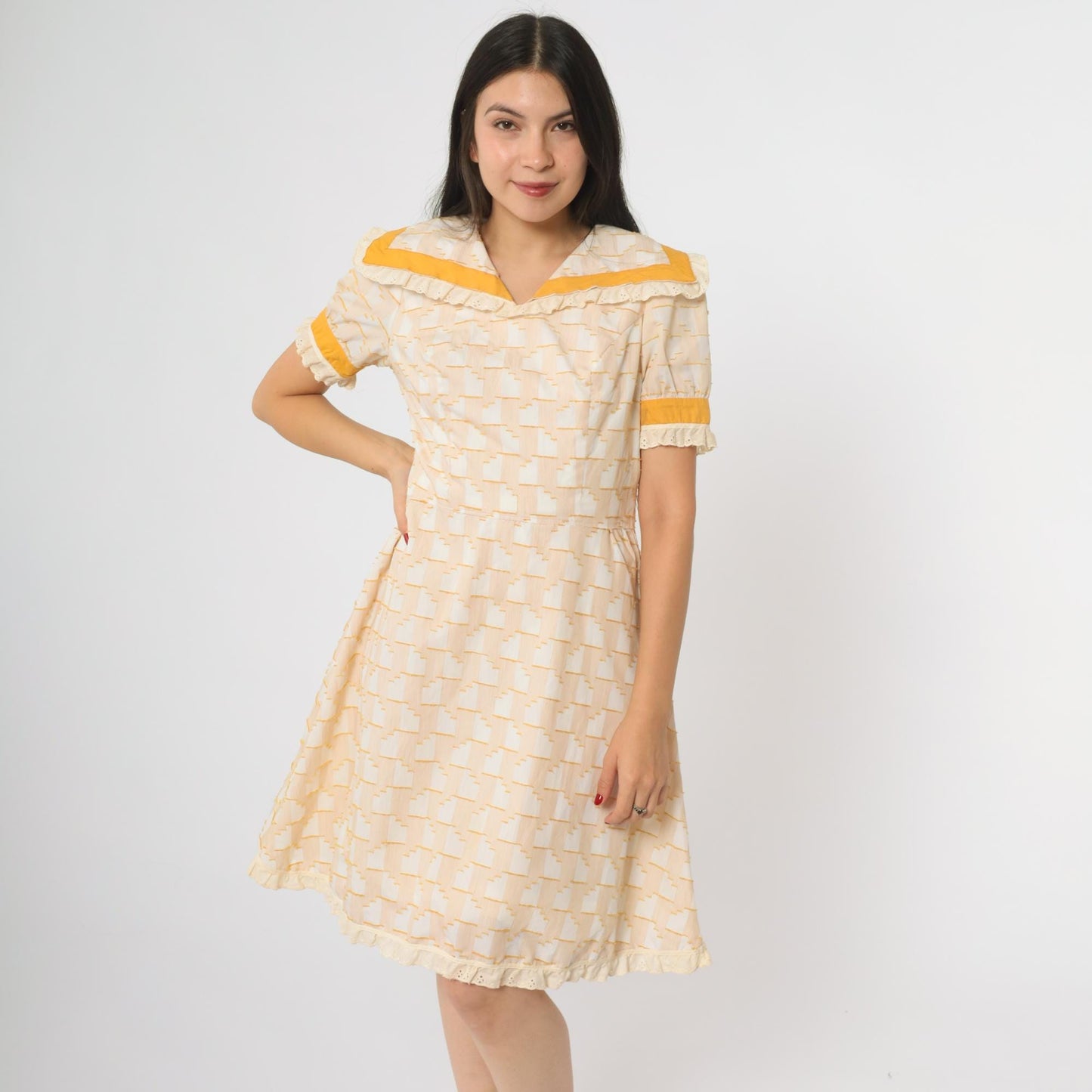 70s Prairie Babydoll Dress Cream Yellow Geometric Print Lace Trim Medium M