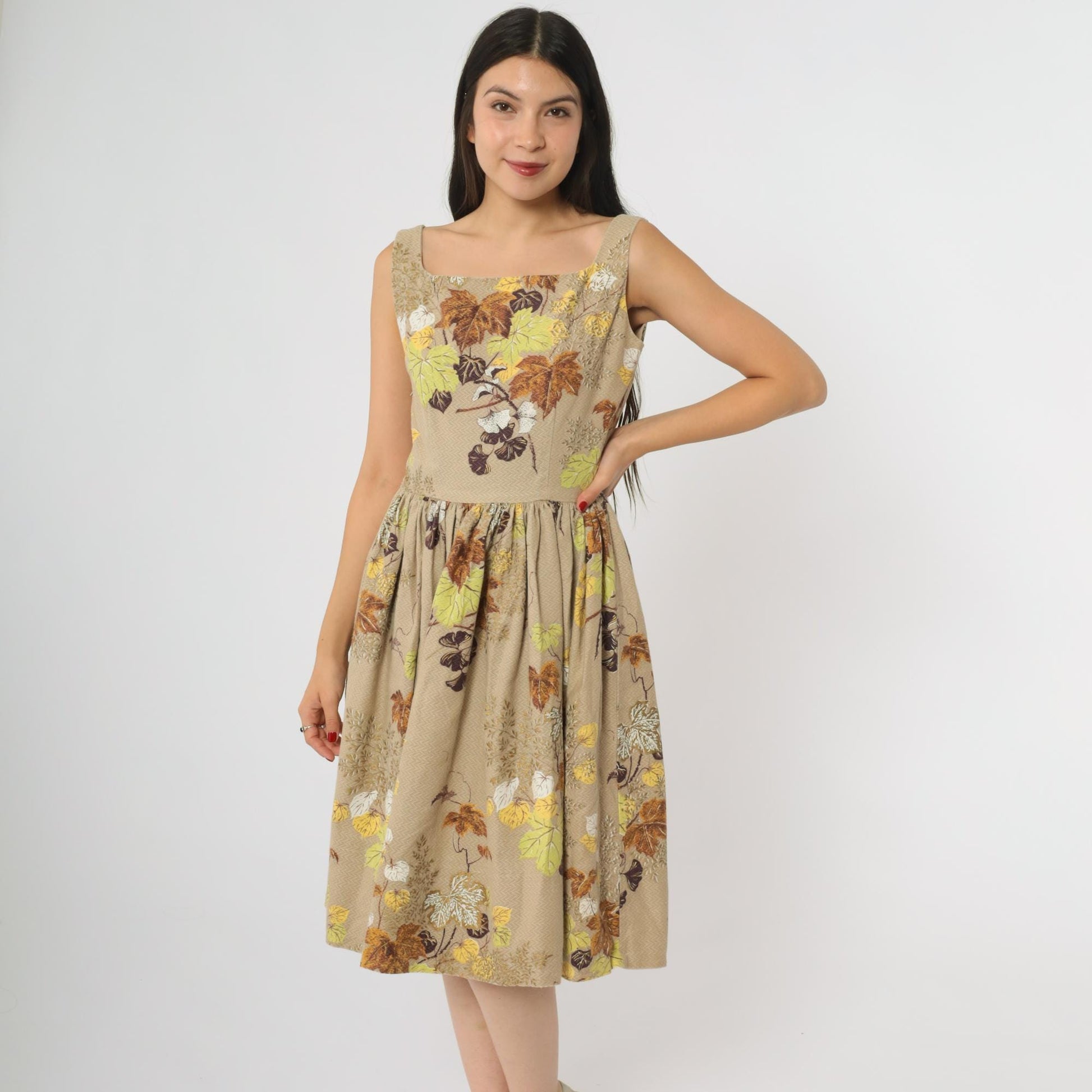 60s Leaf Print Dress Tan Brown Square Neck A-Line Cotton Small
