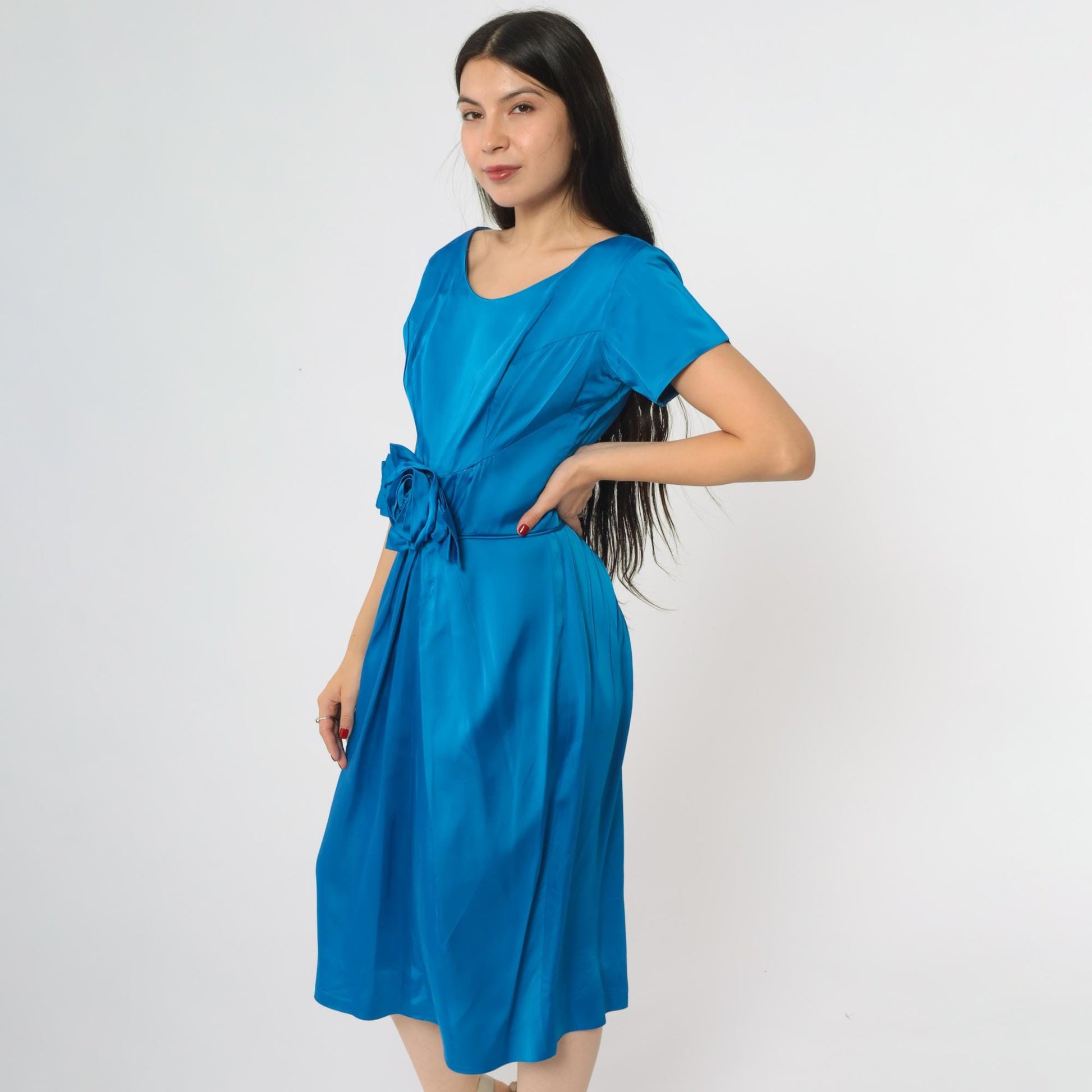 60s Royal Blue Cocktail Dress Rose Belt A-Line Scoop Neck Large L