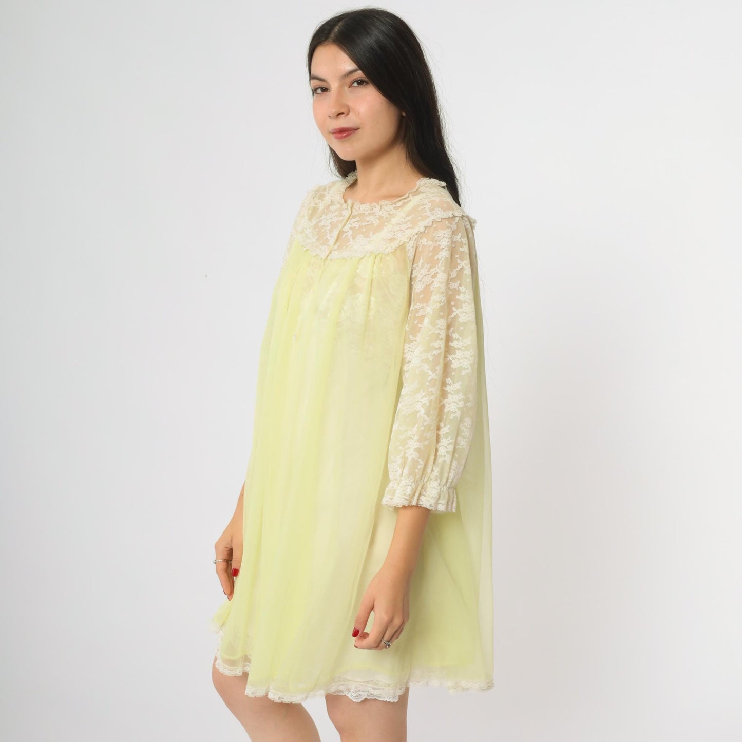 70s Van Raalte Yellow Lace Nightgown Long Sleeve Babydoll Medium M
