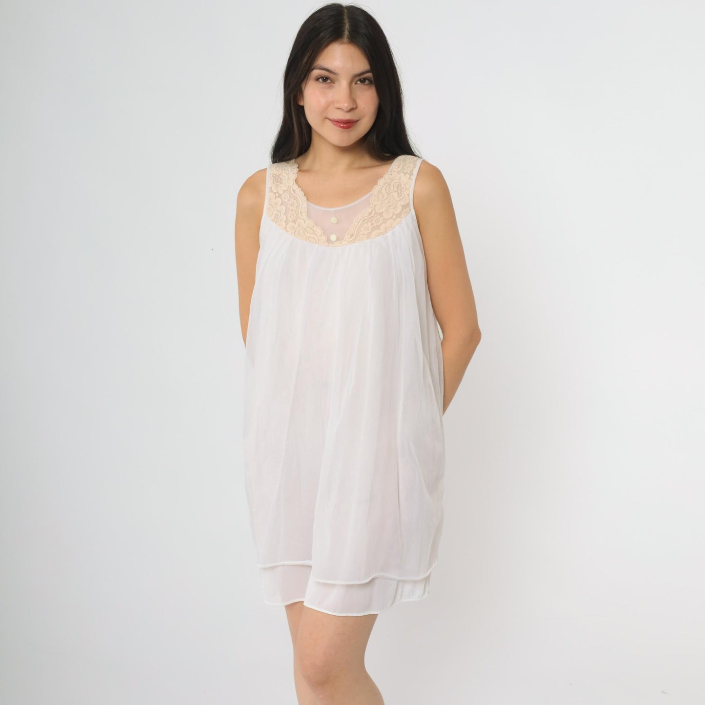 70s White Nylon Babydoll Nightgown Lace Yoke Sleeveless Knee-Length Medium