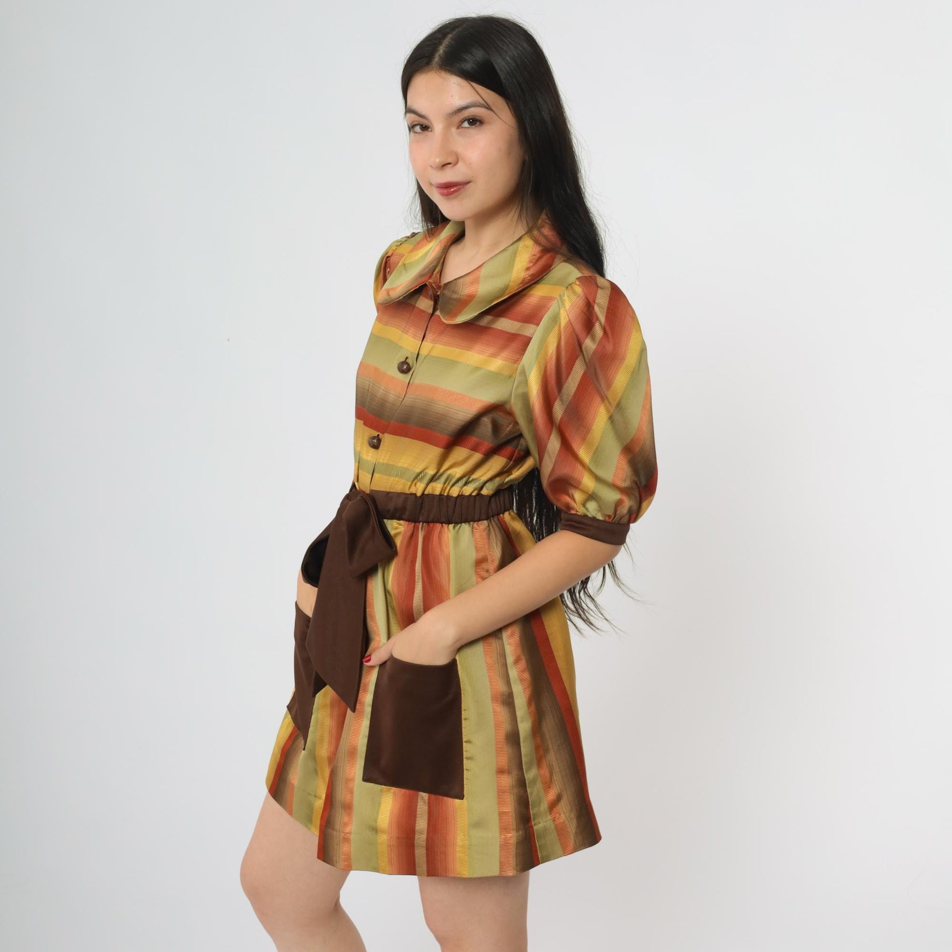 70s Rainbow Striped Mini Dress Brown Orange Yellow Puff Sleeve Peter Pan Collar Small