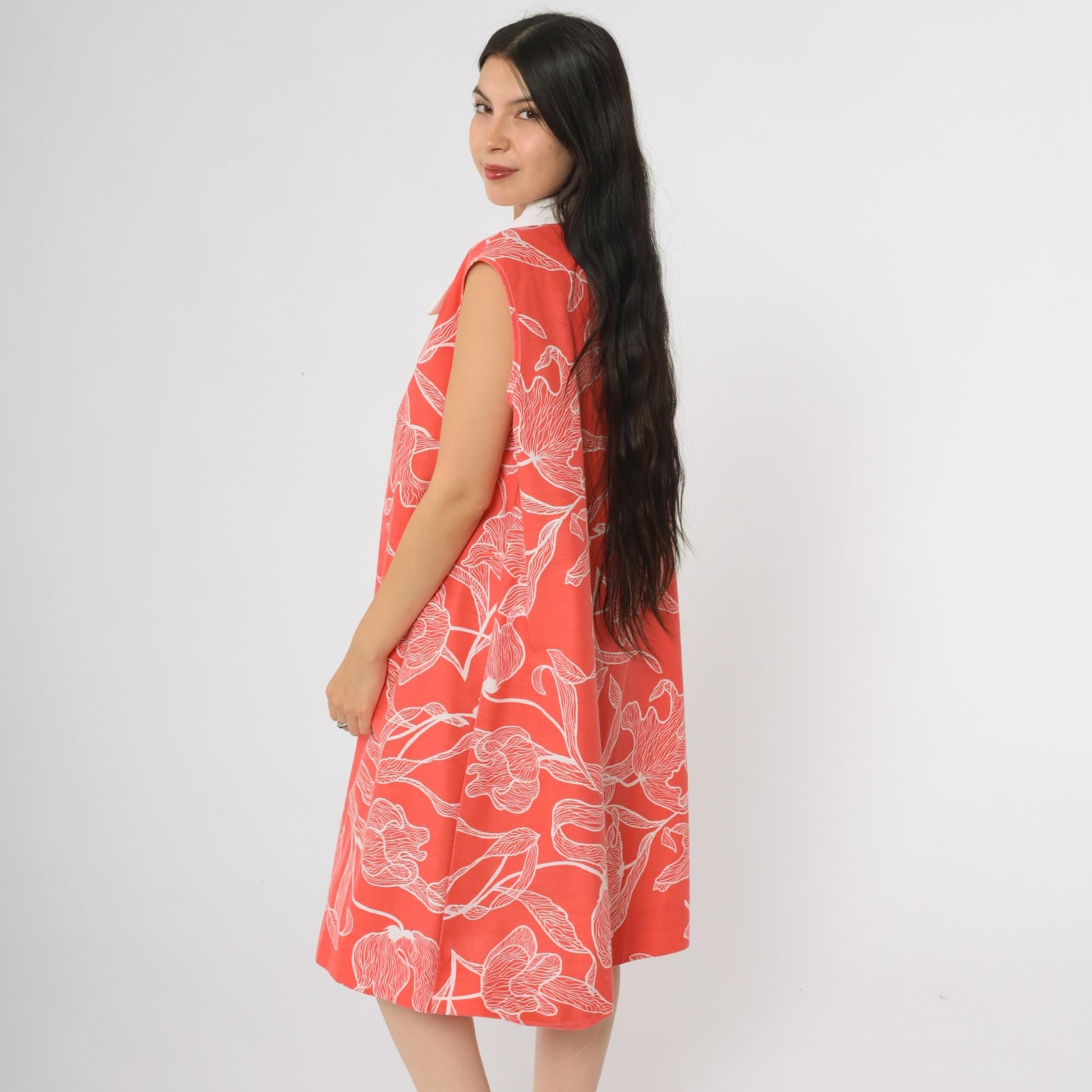 70s Komar Floral Shift Dress Coral Red White Lily Print Extra Large XL