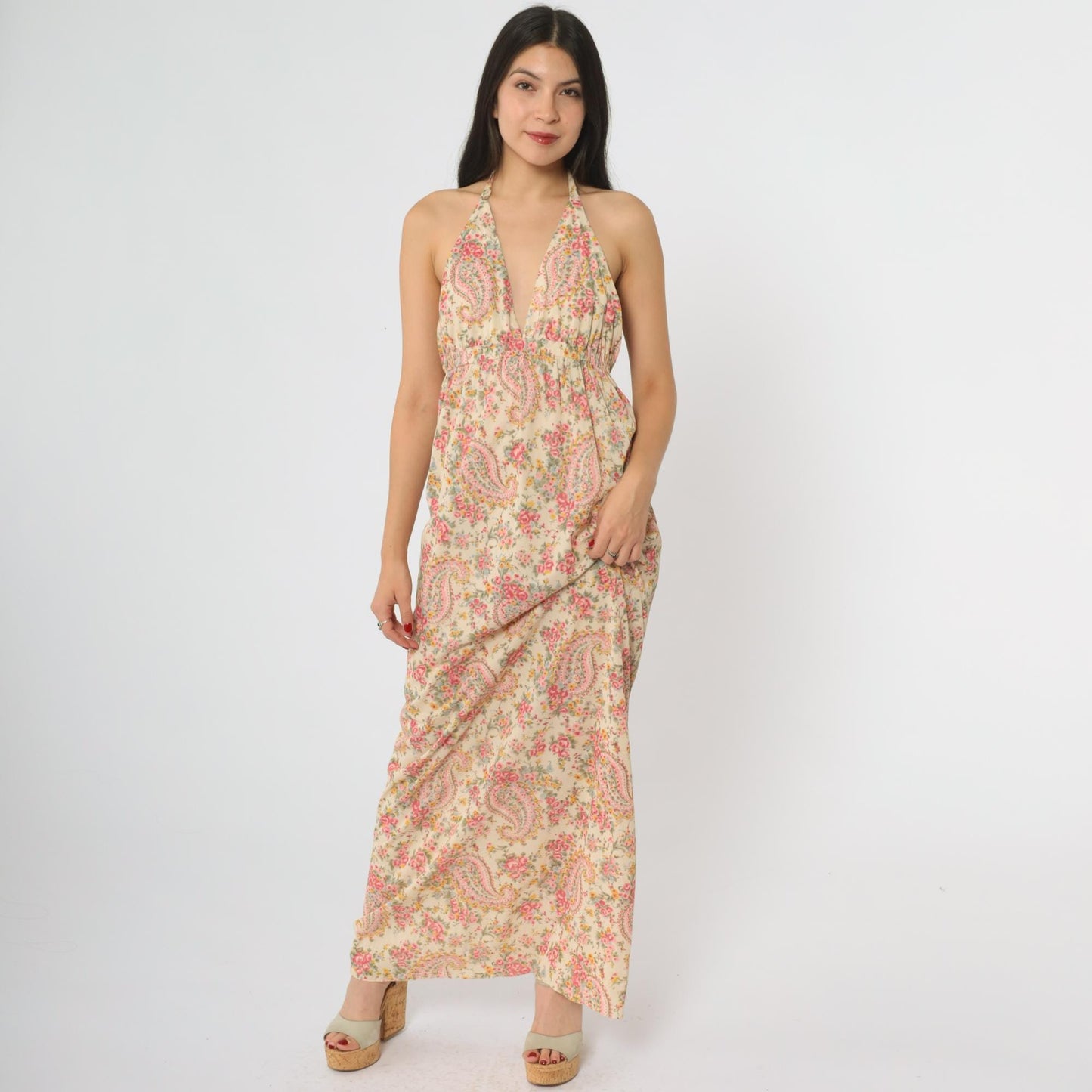 70s Pink Yellow Paisley Halter Maxi Dress Empire Waist Open Back Medium