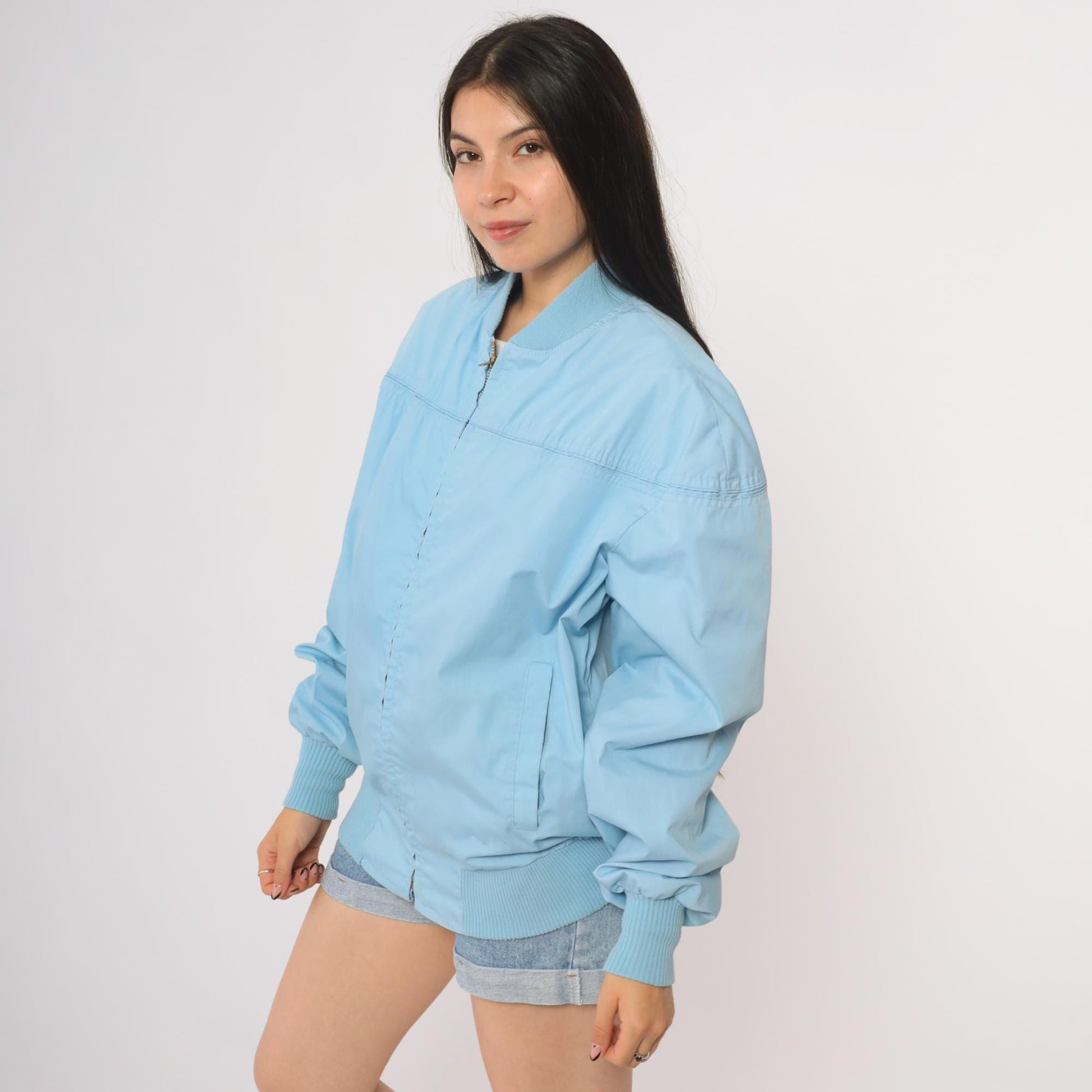 80s Baby Blue Bomber Windbreaker Jacket Light Blue Zip Up Athletic Extra Large XL