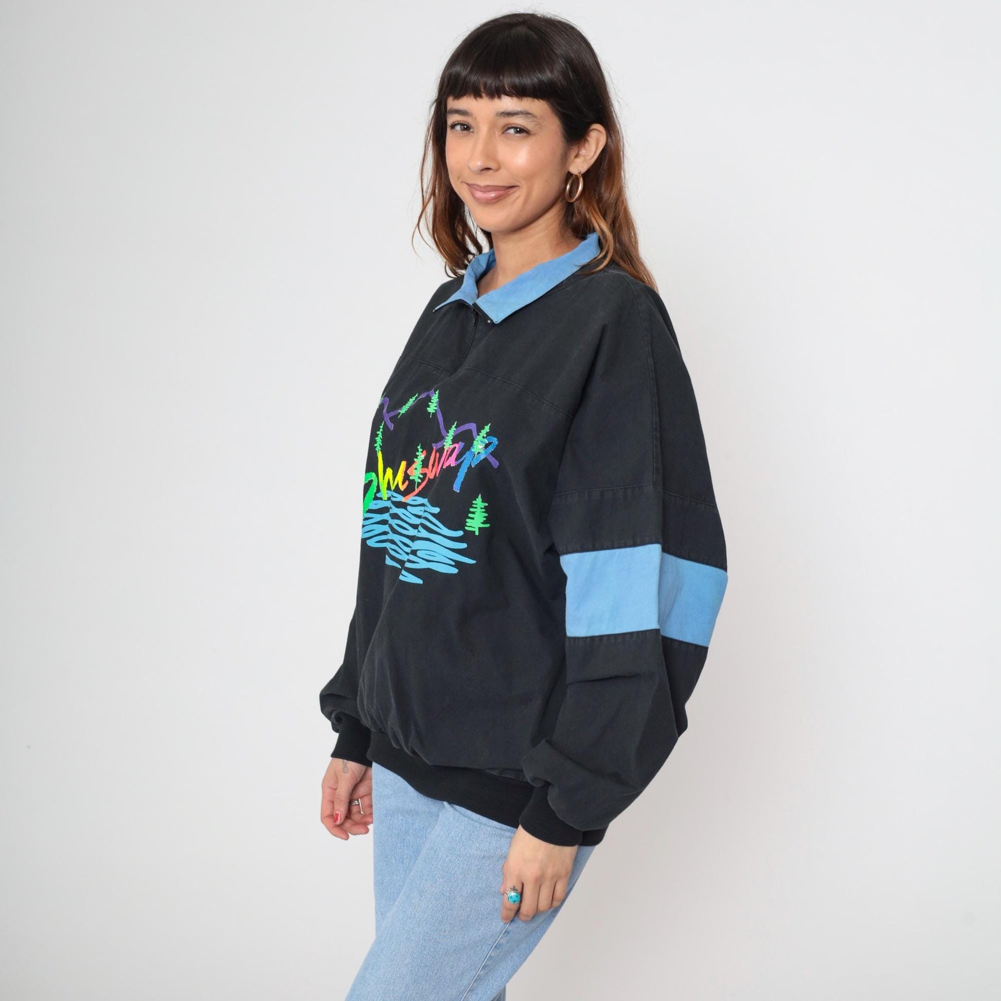 90s Shuswap Mountain Pullover Quarter Zip Black Colorblock Cotton Large