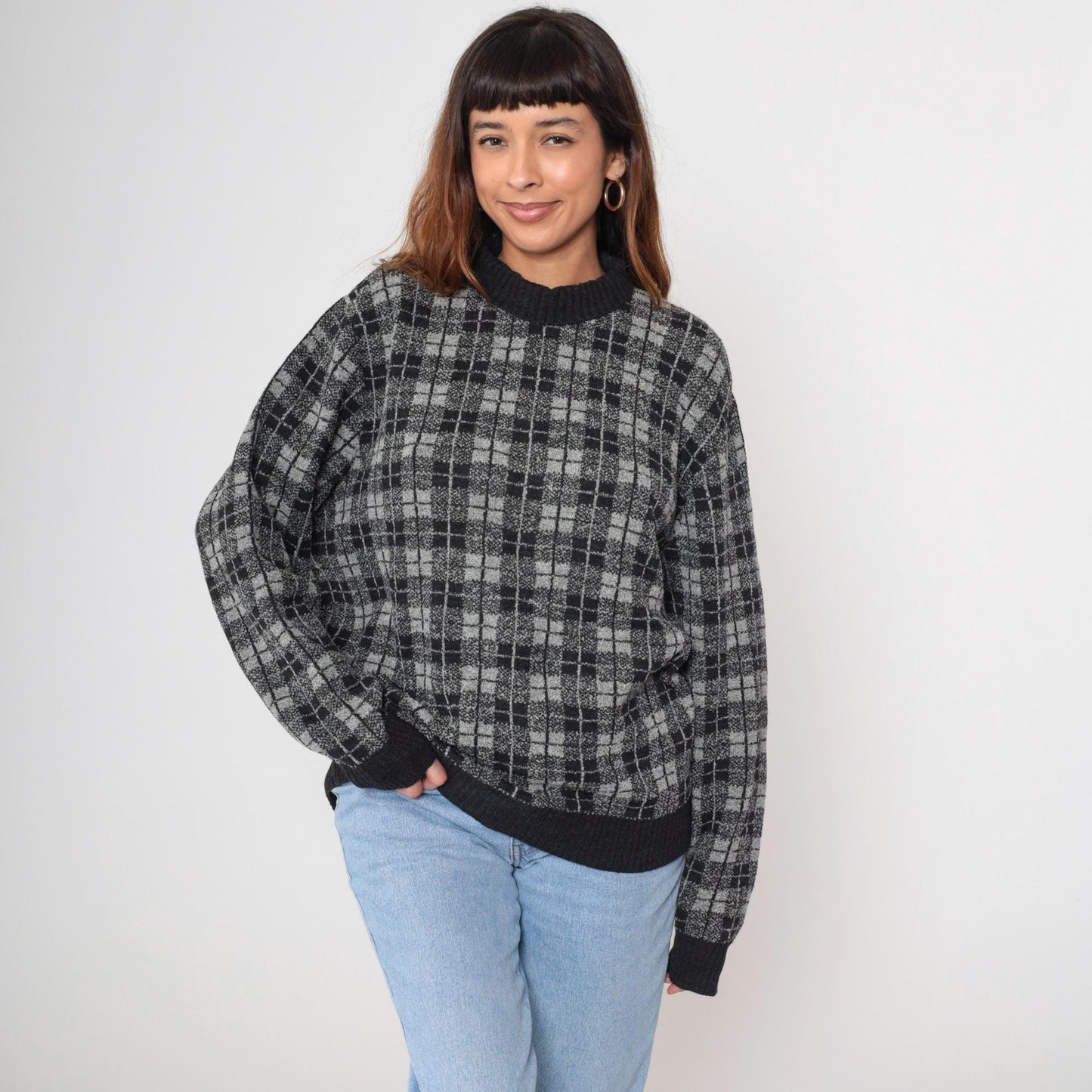90s Belvedere Checkered Wool Sweater Black White Grey Crewneck Medium