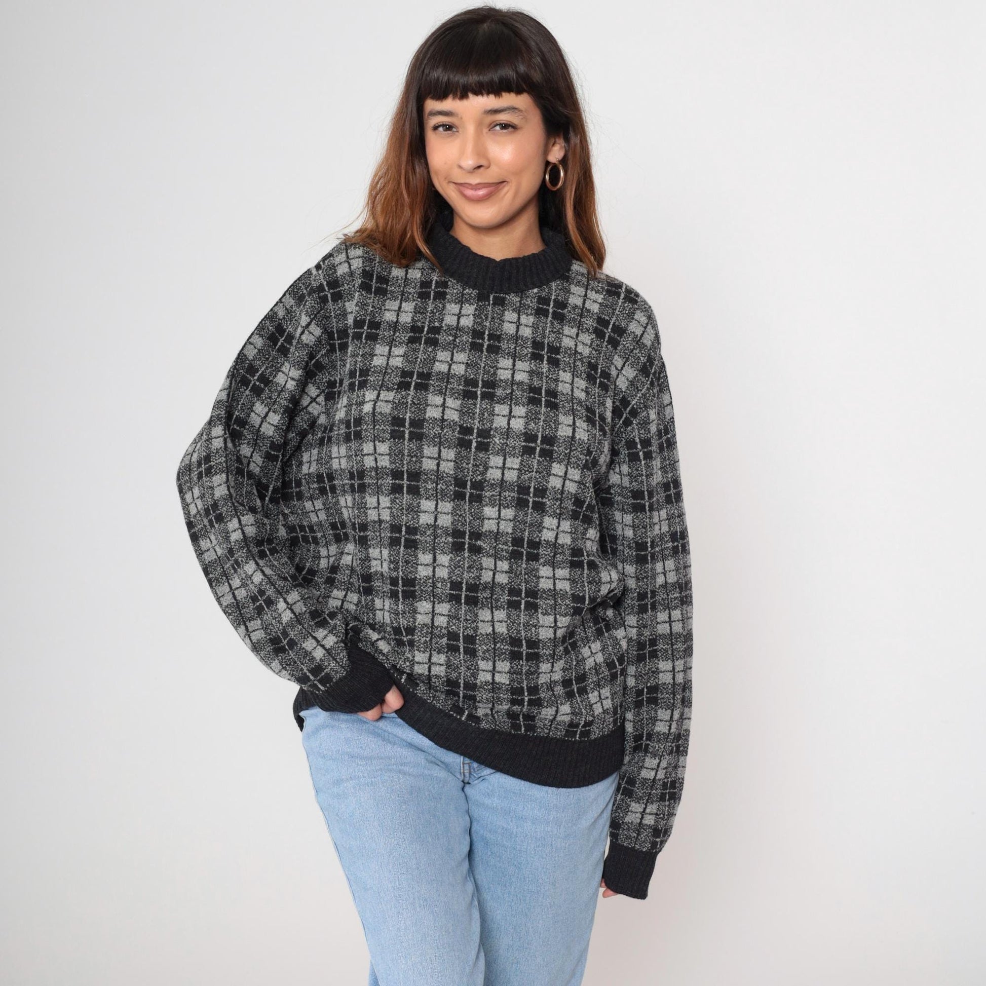 90s Belvedere Checkered Wool Sweater Black White Grey Crewneck Medium