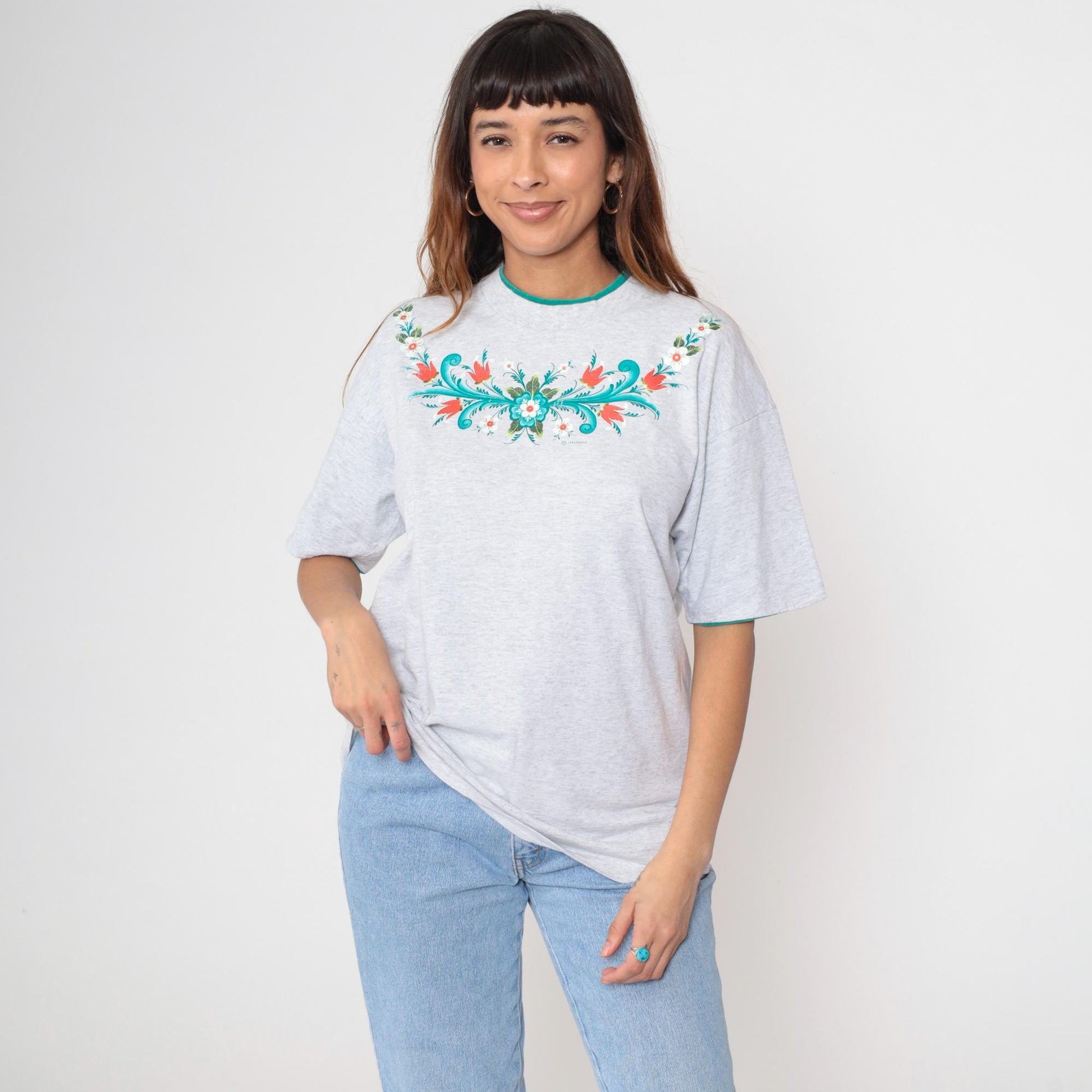 90s Floral Graphic T-Shirt Grey Cotton Folk Art Flowers Green Trim Large L