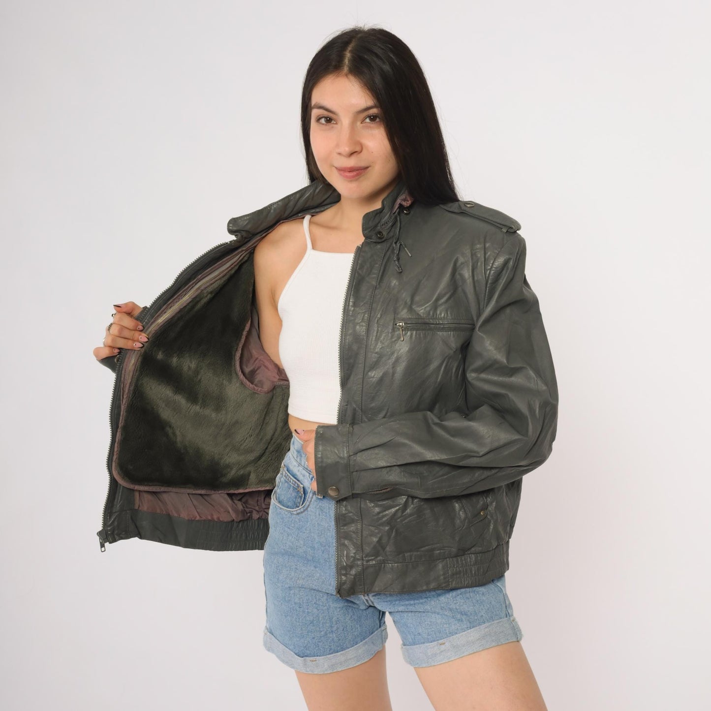 80s Oui International Leather Moto Jacket Deep Green Zip Epaulettes Large