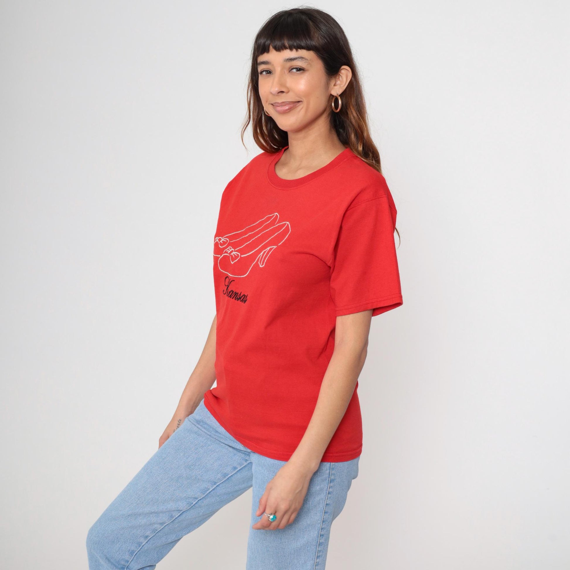 Y2K Kansas Dorothy Shoes Graphic T-Shirt Red Cotton Small