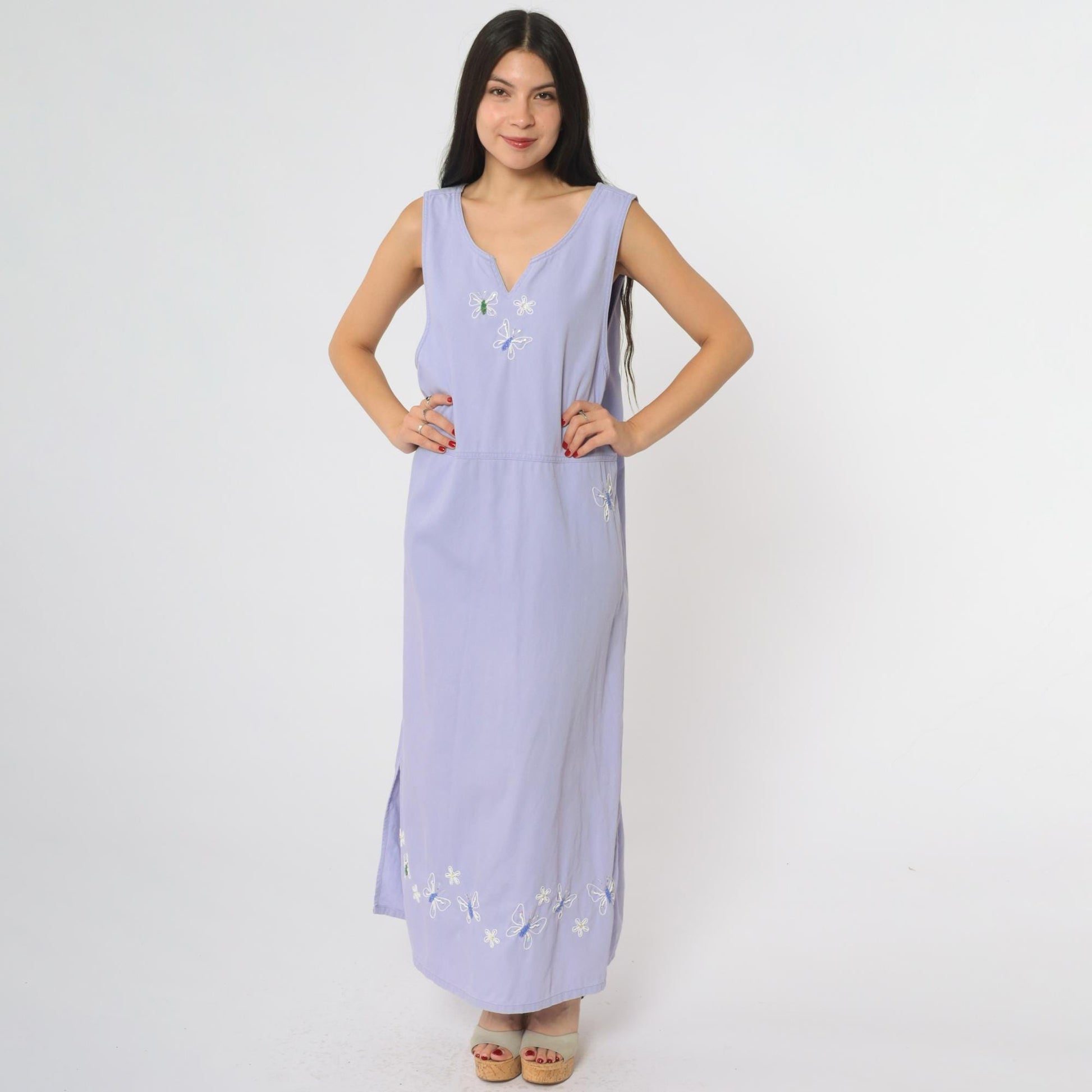 90s Mandal Bay Lavender Maxi Dress Butterfly Embroidery Sleeveless Medium M