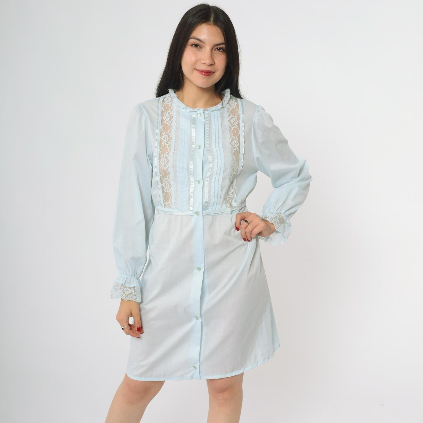 70s Powder Blue Babydoll Dress Lace Trim Puffy Sleeve Empire Waist Medium