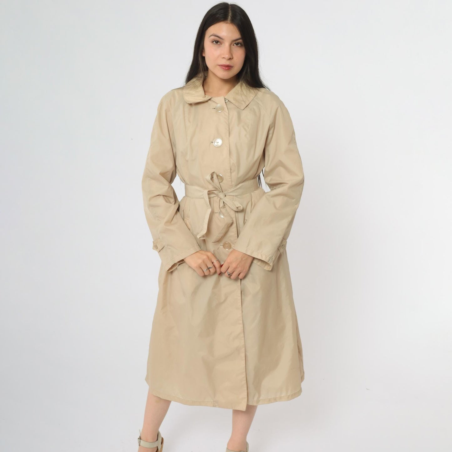 80s Lacoste Alligator Tan Nylon Trench Coat Midi Length Medium
