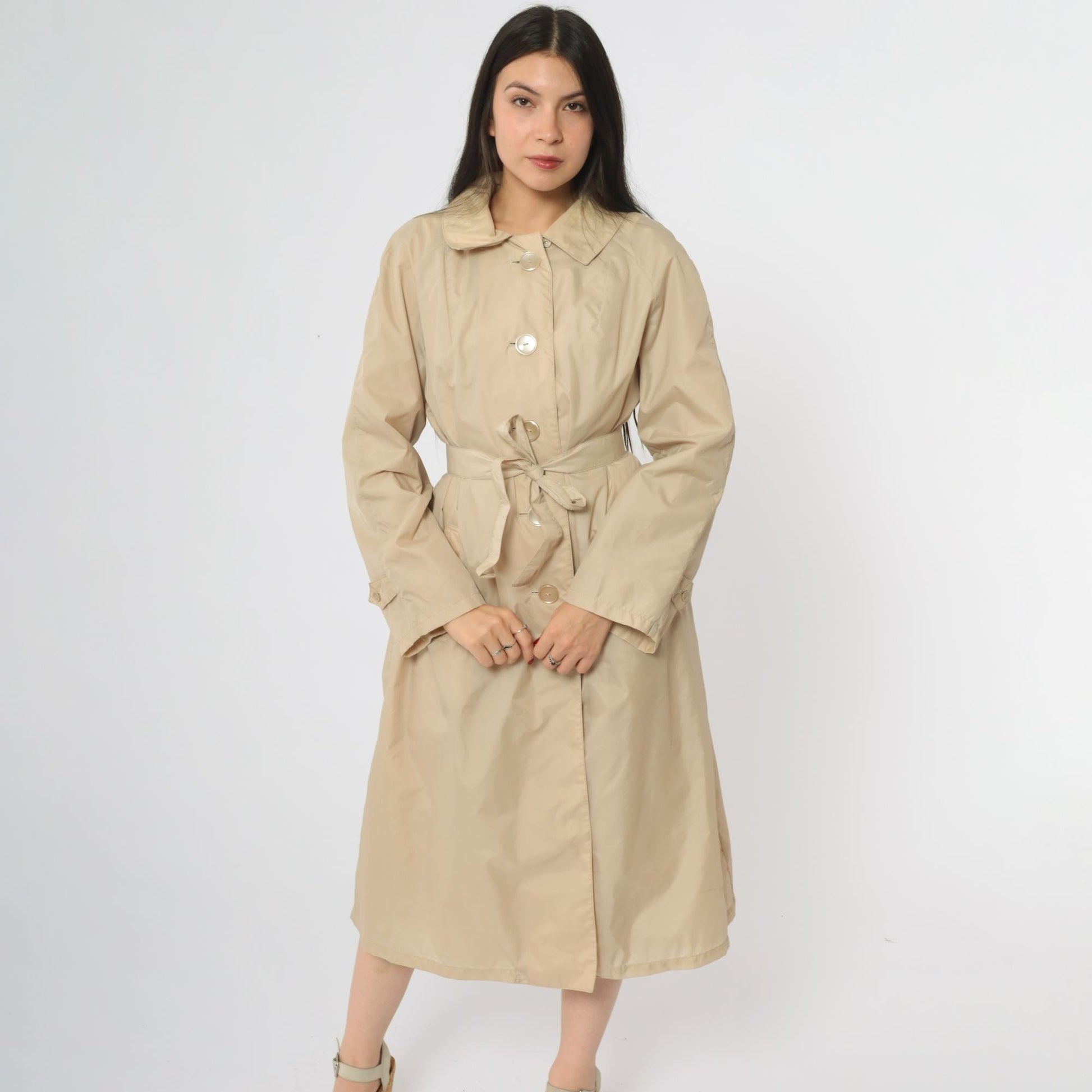 80s Lacoste Alligator Tan Nylon Trench Coat Midi Length Medium