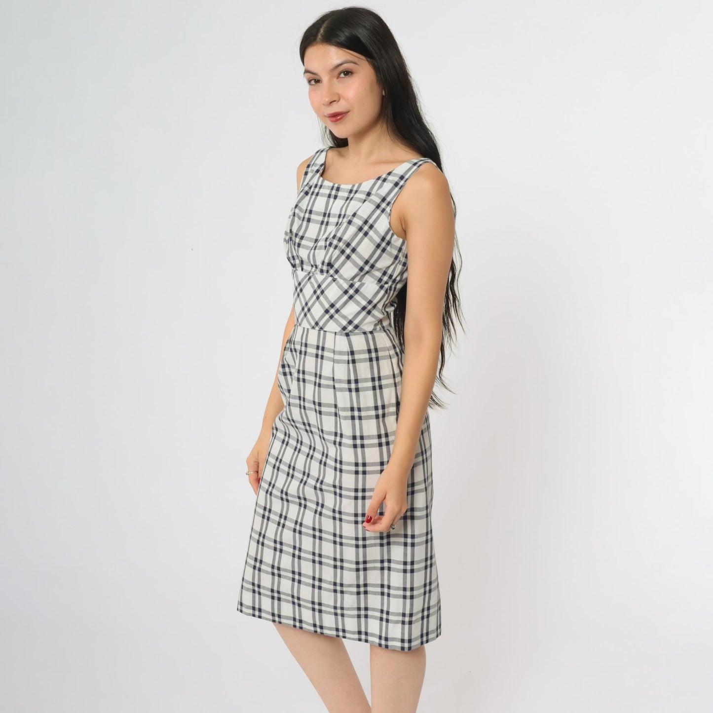 60s Betty Barclay Plaid Two Piece Set Navy White Check Jacket Dress XS