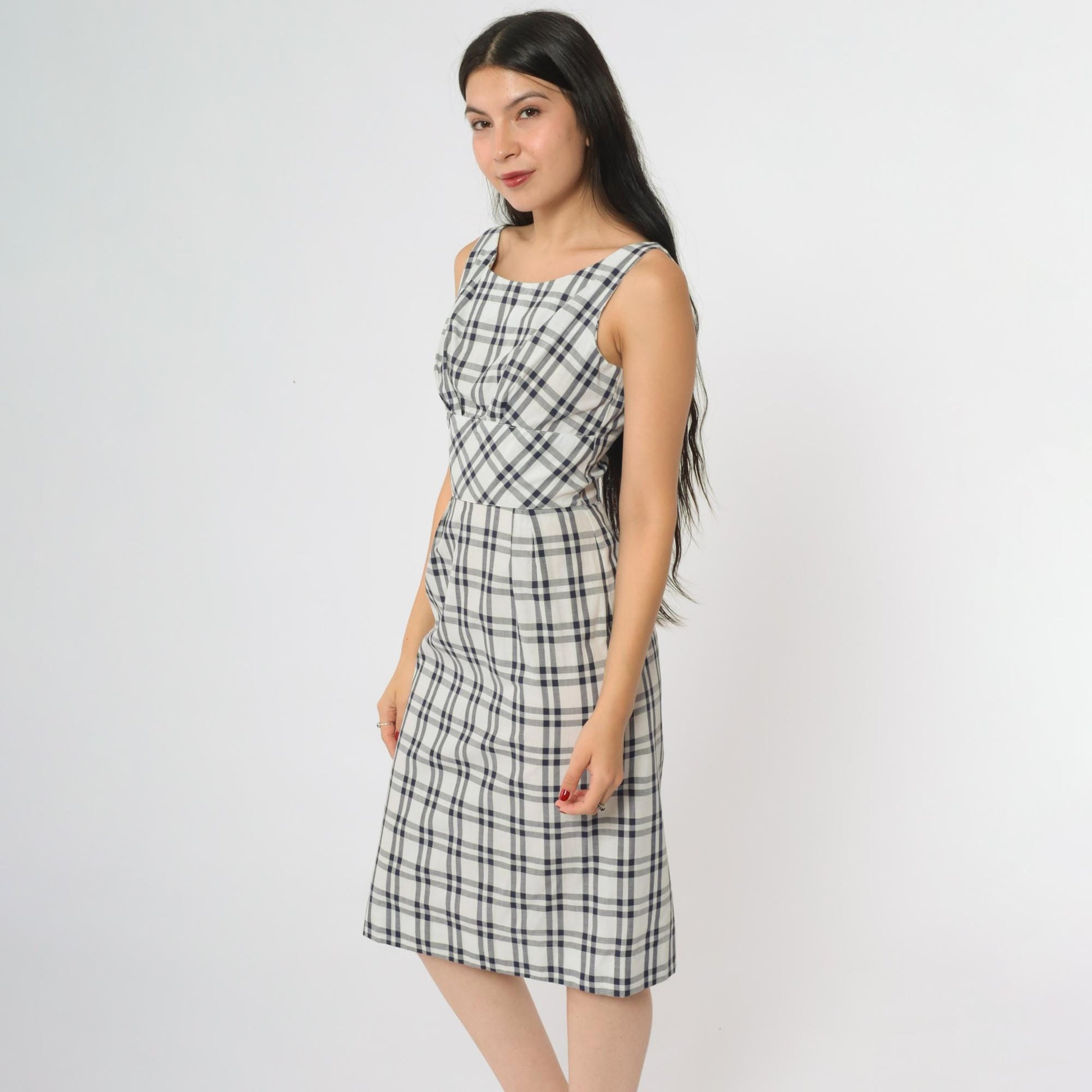 60s Betty Barclay Plaid Two Piece Set Navy White Check Jacket Dress XS