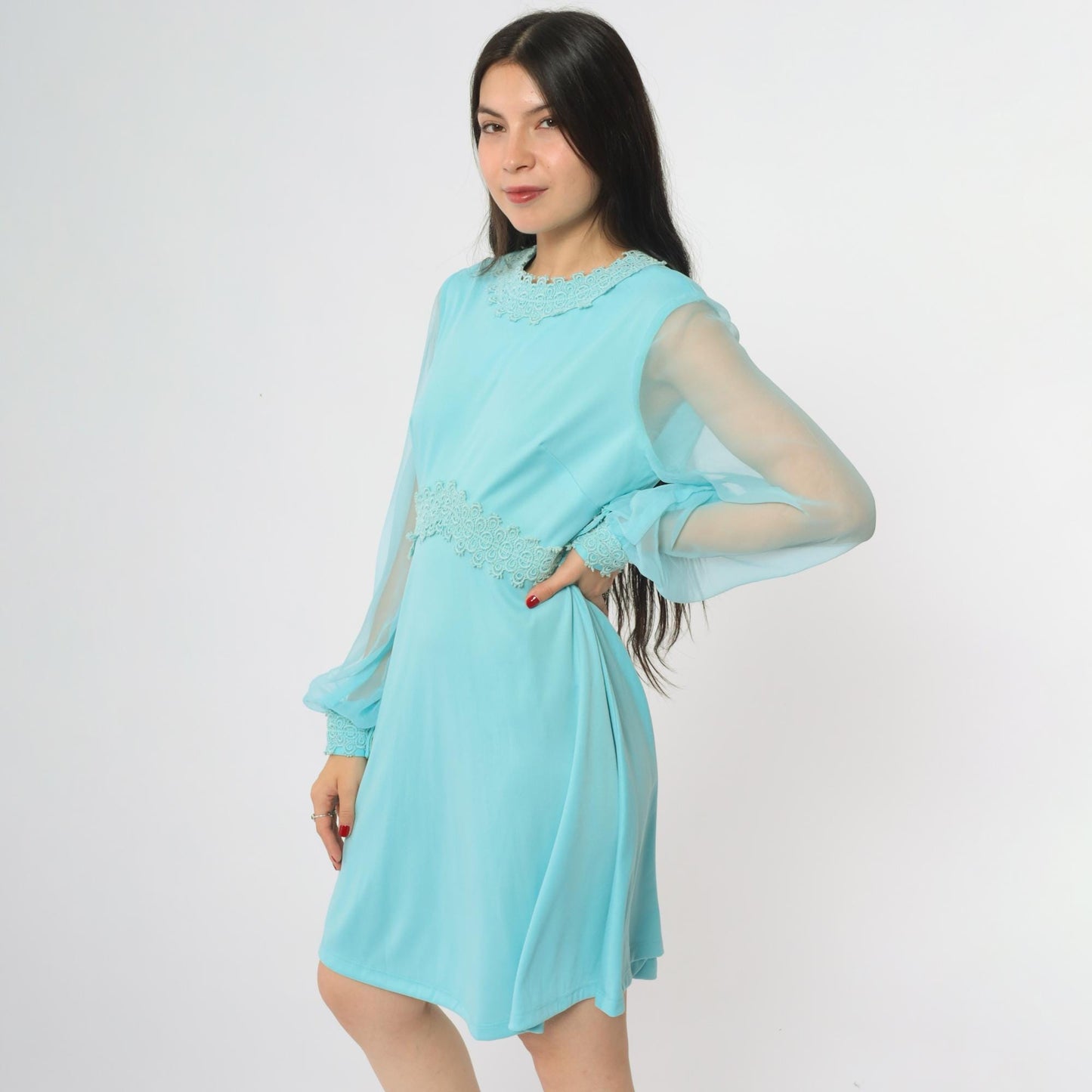 70s Turquoise Mini Dress Empire Waist Lace Trim Long Sheer Sleeves Large L
