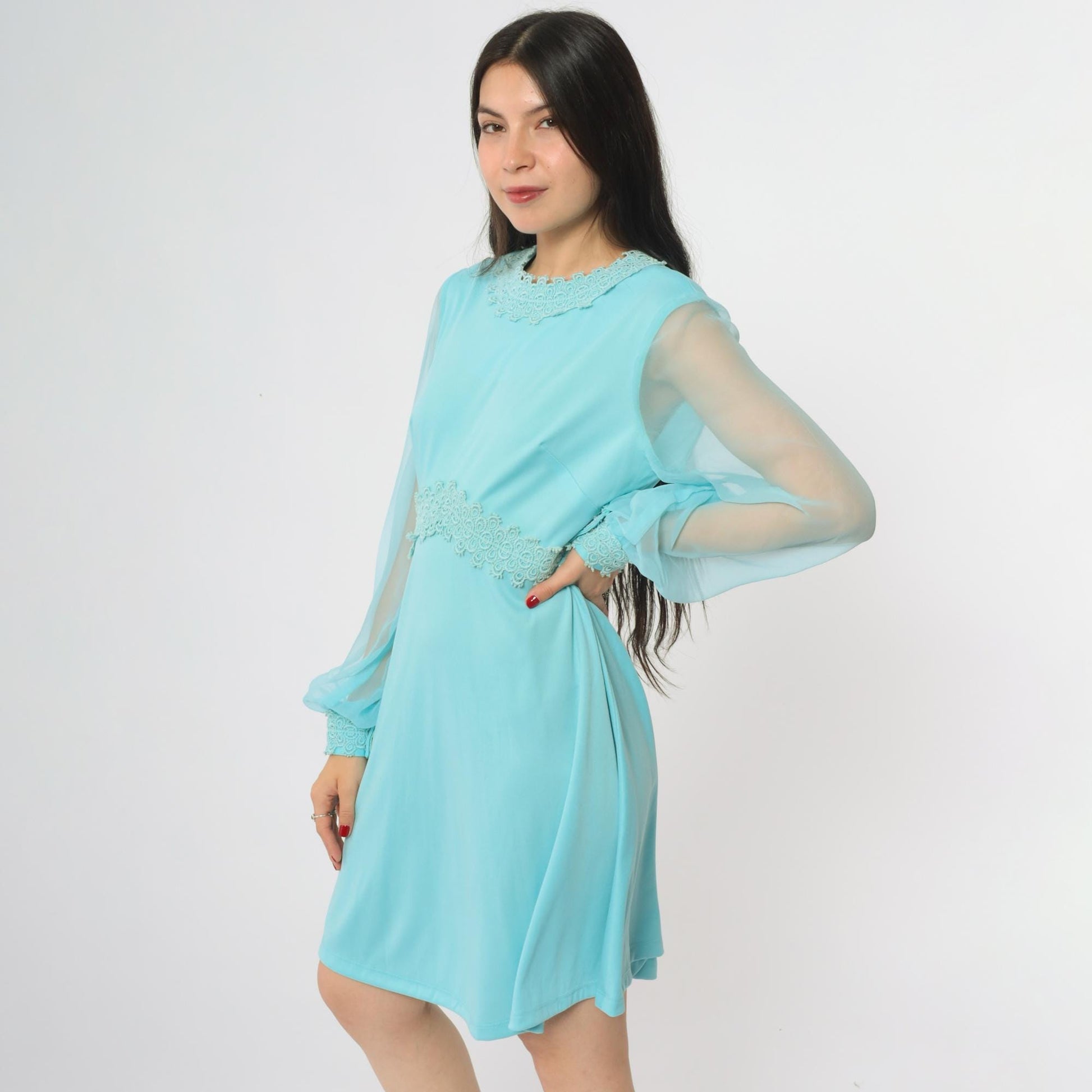 70s Turquoise Mini Dress Empire Waist Lace Trim Long Sheer Sleeves Large L