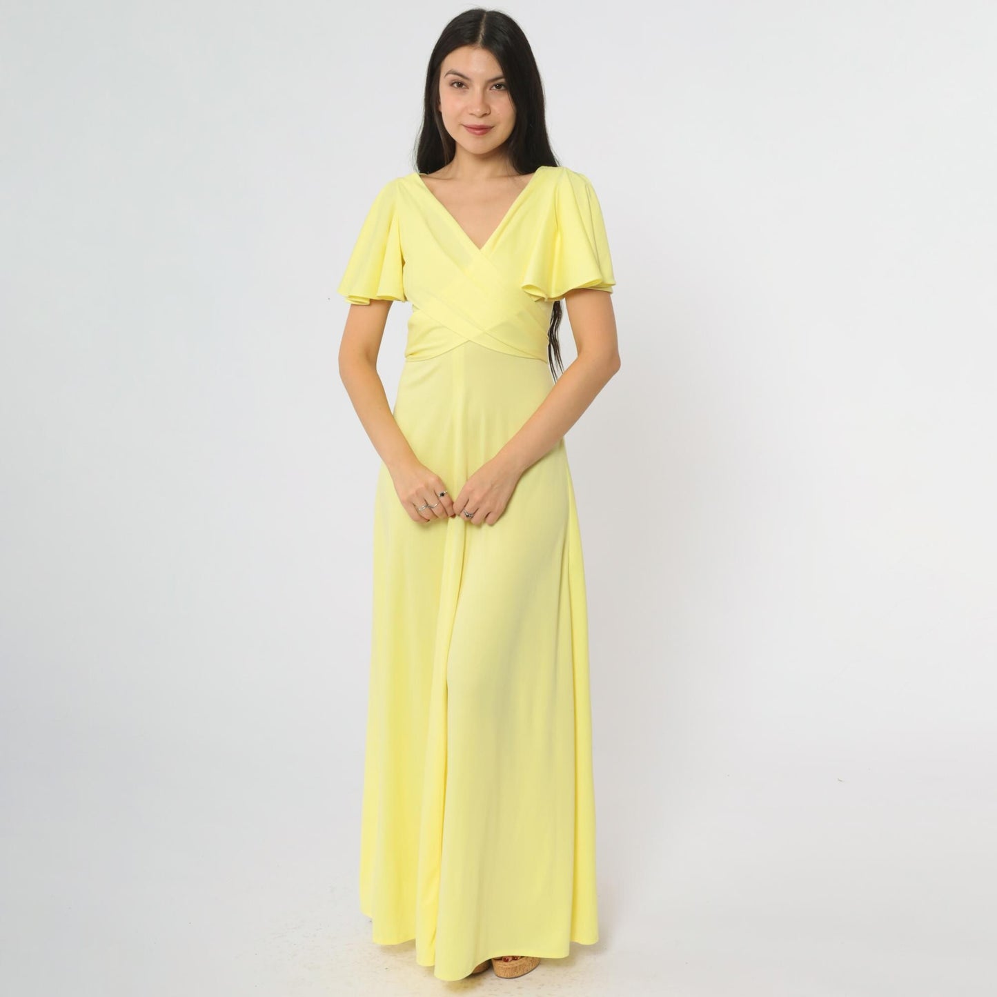70s Yellow Maxi Wrap Dress Flutter Sleeves V-Neck Tie Waist Small