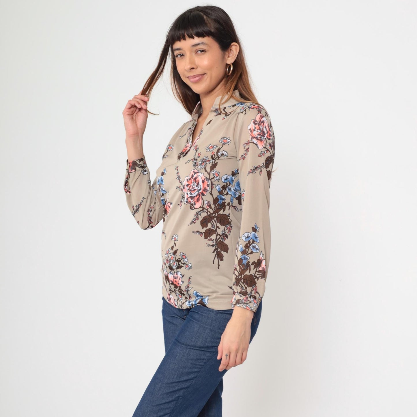 70s Botanical Rose Print Pullover Blouse Long Sleeve Pink Blue Tan Medium M