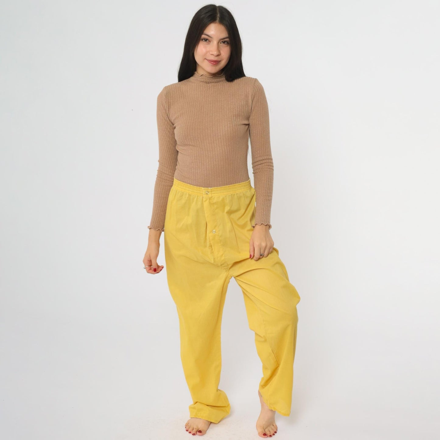 80s Yellow Pajama Pants Elastic Waist Button Fly Loungewear Large L
