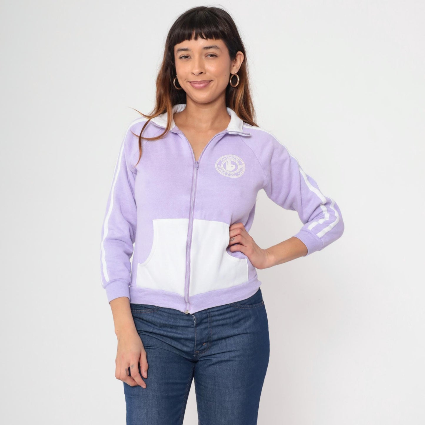 80s Sasson Lavender Track Jacket White Racing Stripe Zip Front Small