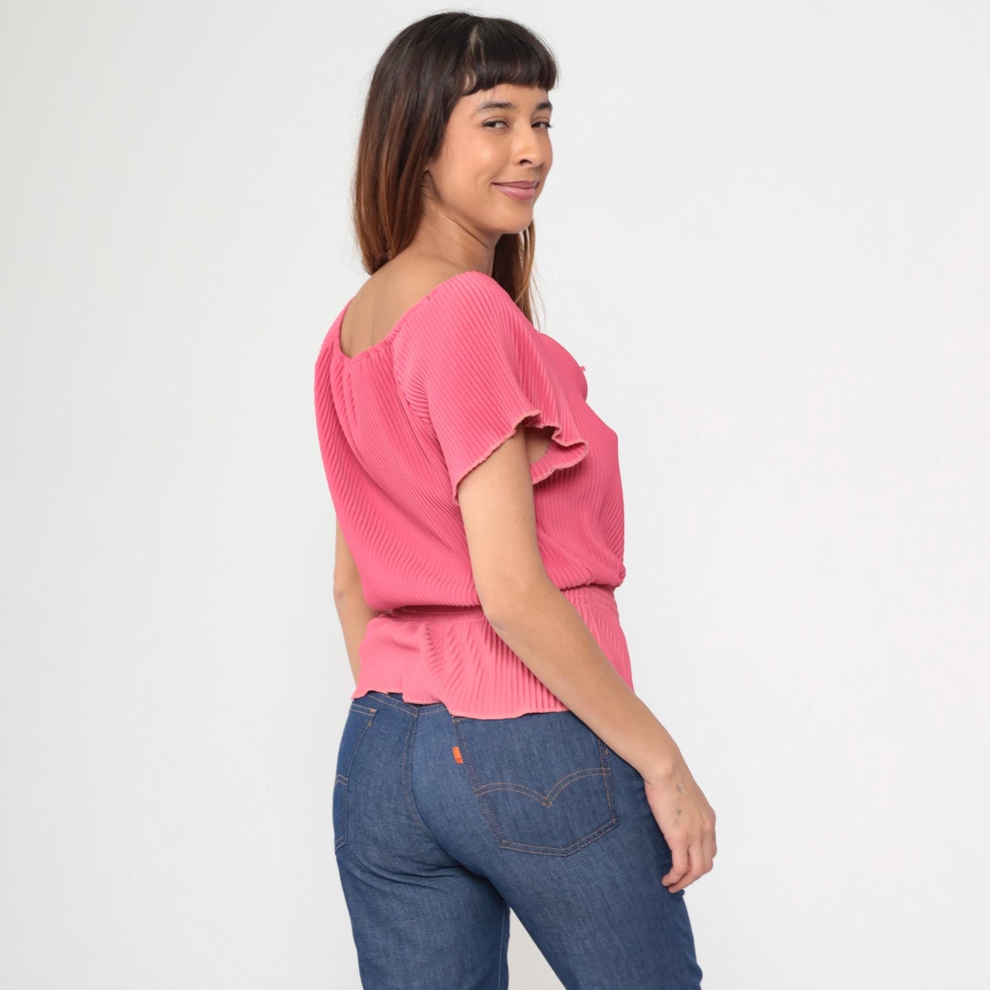 70s Coral Pink Off-Shoulder Blouse Flutter Sleeve Tie Front Medium