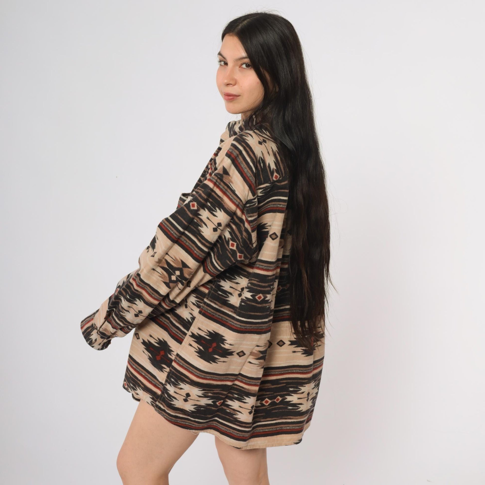 Y2K Woods & Water Southwestern Flannel Shirt Beige Black Red Tribal Button Down Extra Large XL