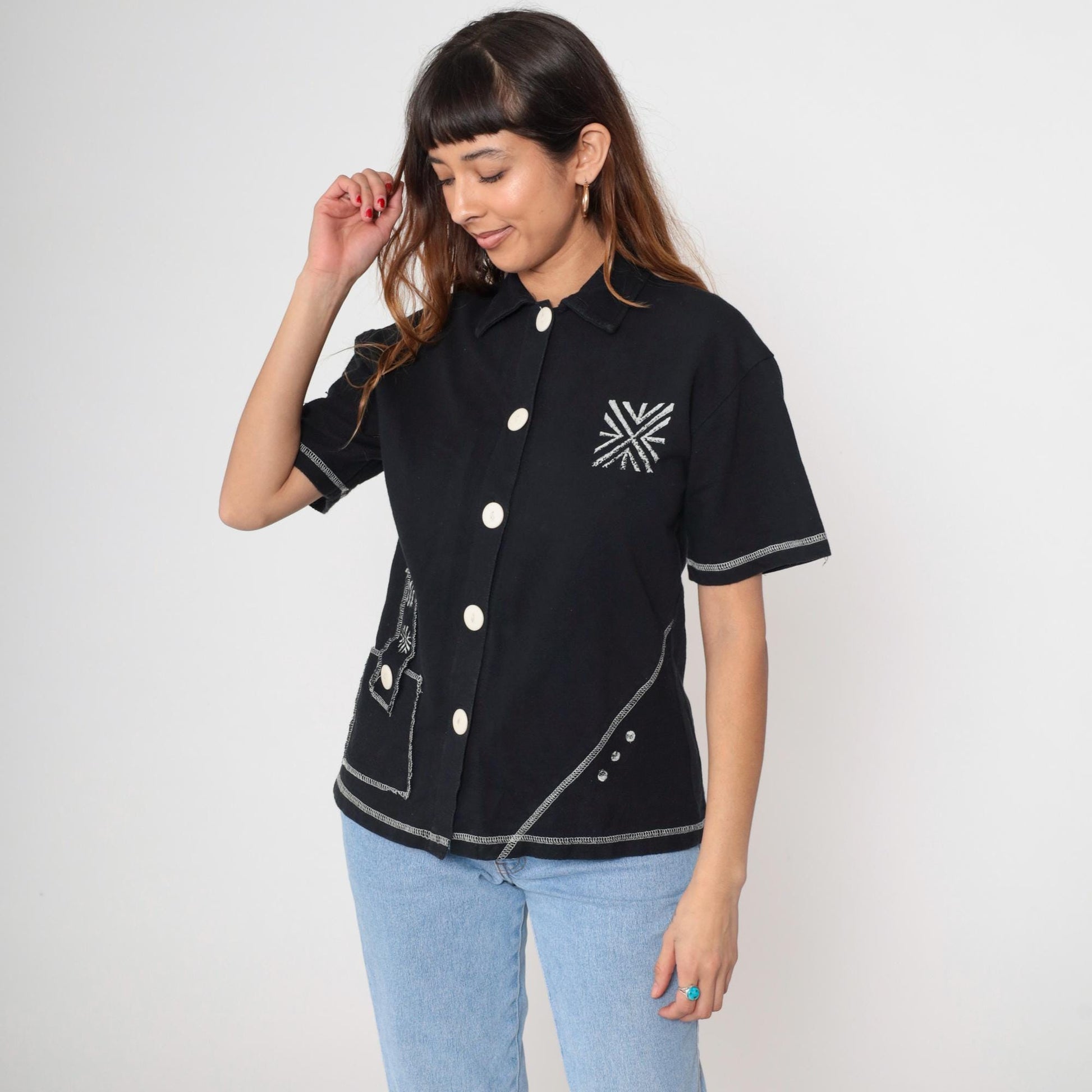 90s On The Rocks Black Button-Up Shirt White Stitching Southwest Geometric Small