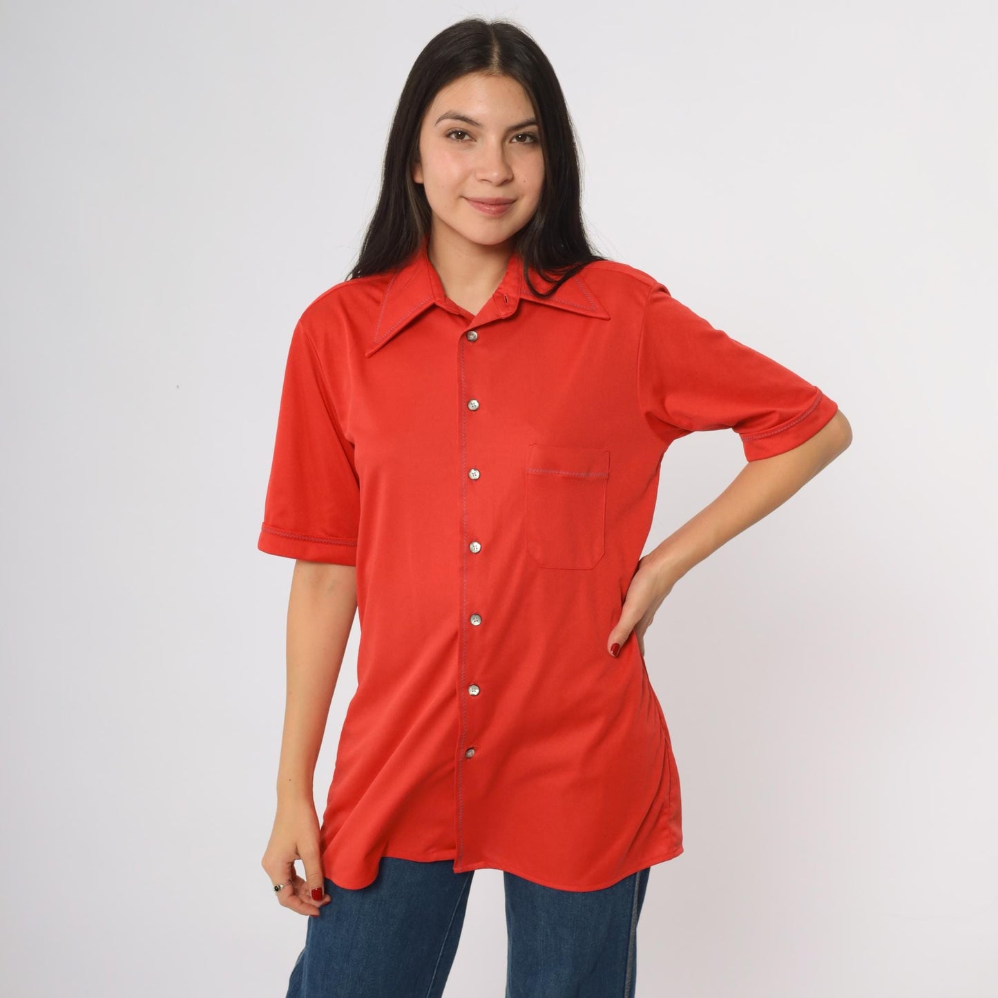 70s Arrow Button Shirt Orange-Red Short Sleeve Chest Pocket Medium M