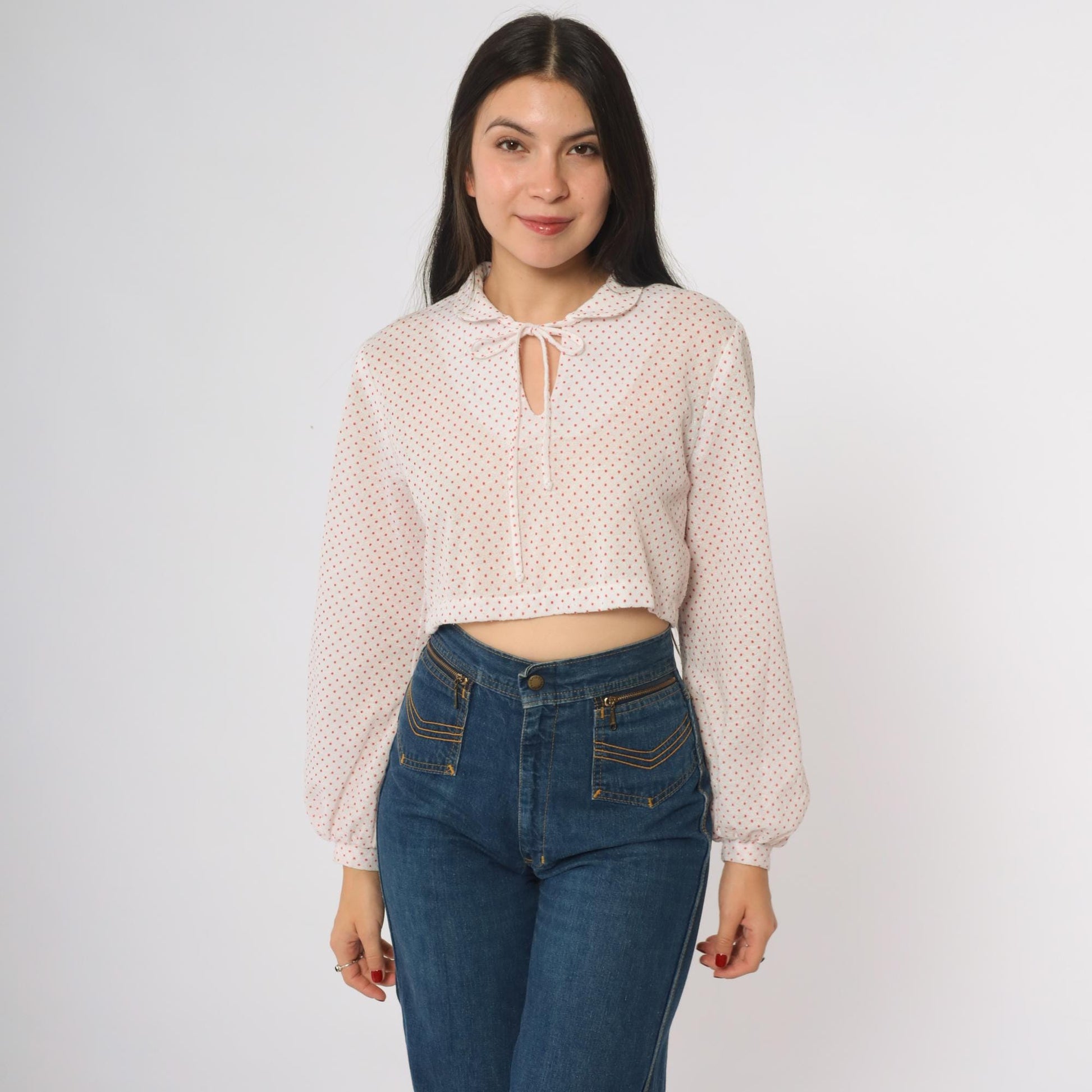 80s Polka Dot Cropped Blouse White Red Peter Pan Collar Tie Neck Medium