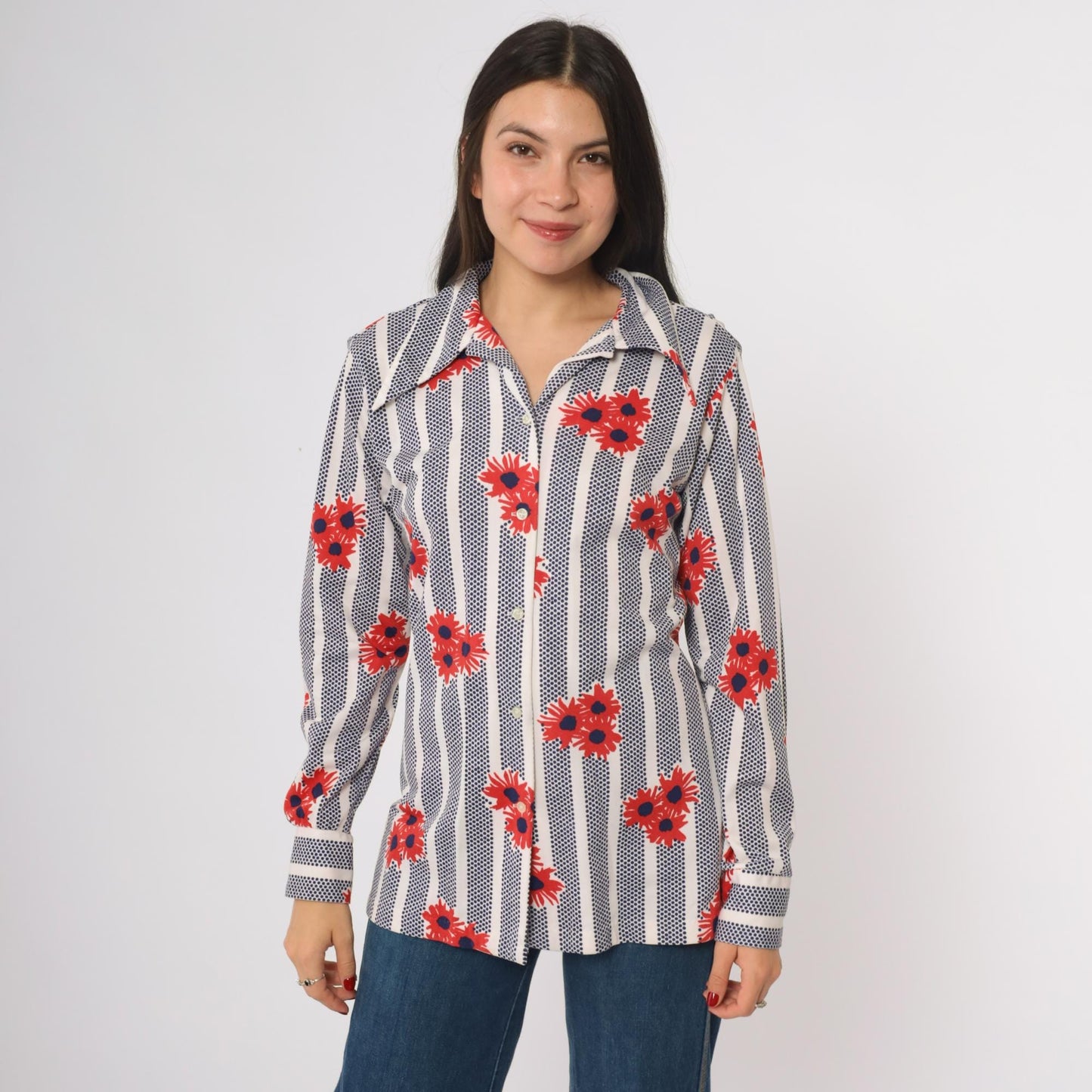 70s Shapely Floral Striped Button Down Shirt Navy Red Daisy Large L