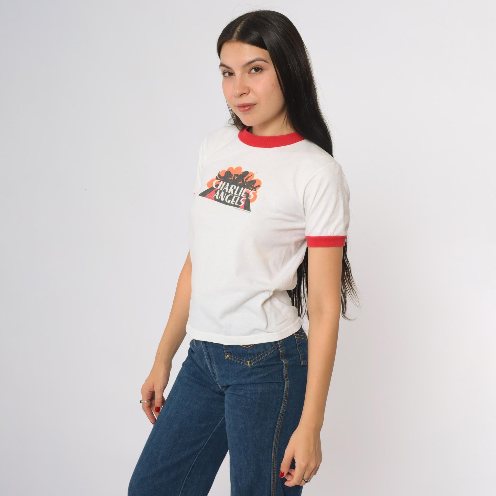 90s Charlie's Angels Ringer T-Shirt White Red Trim Graphic Tee Youth Medium