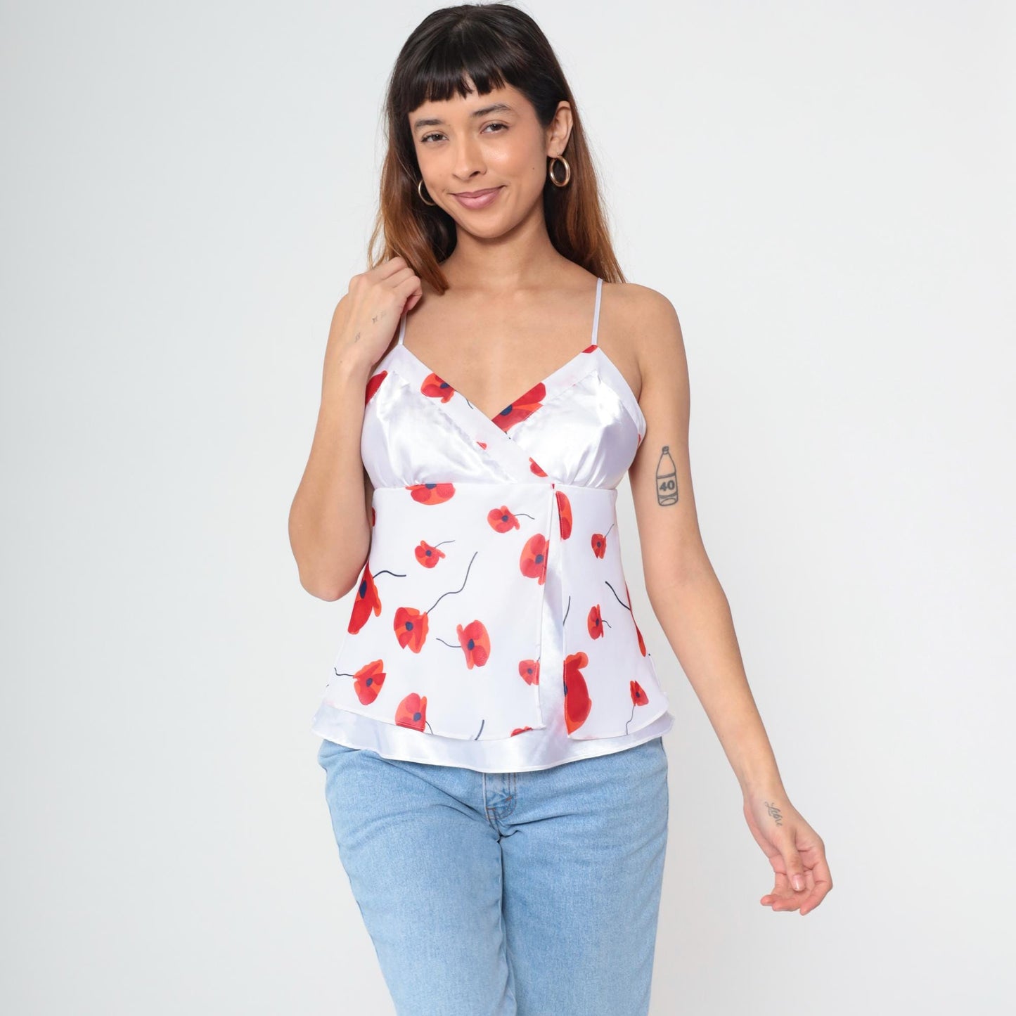 Y2K Red Poppy Floral Camisole White Spaghetti Strap Wrap Front Medium M