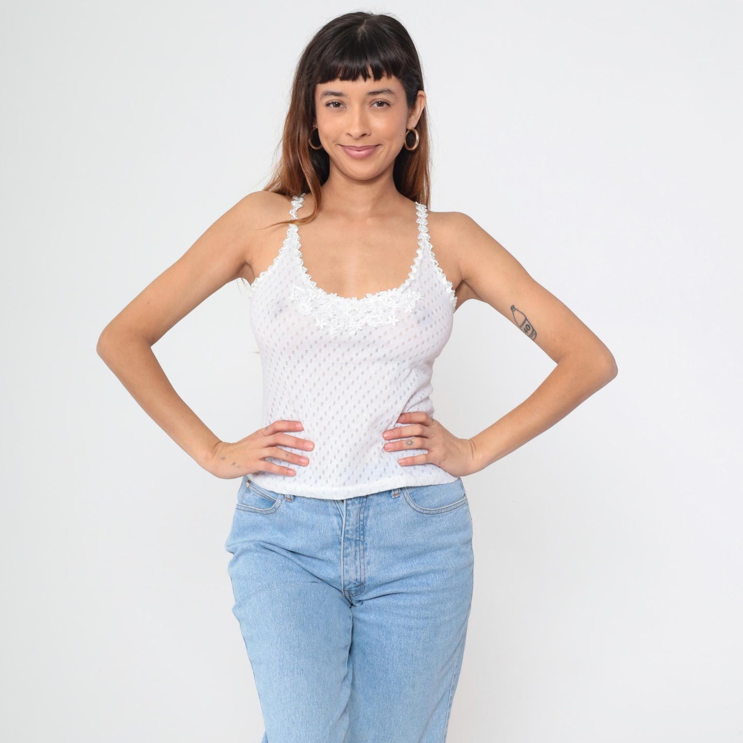 90s Karessah White Eyelet Camisole Lace Trim Spaghetti Straps Medium M