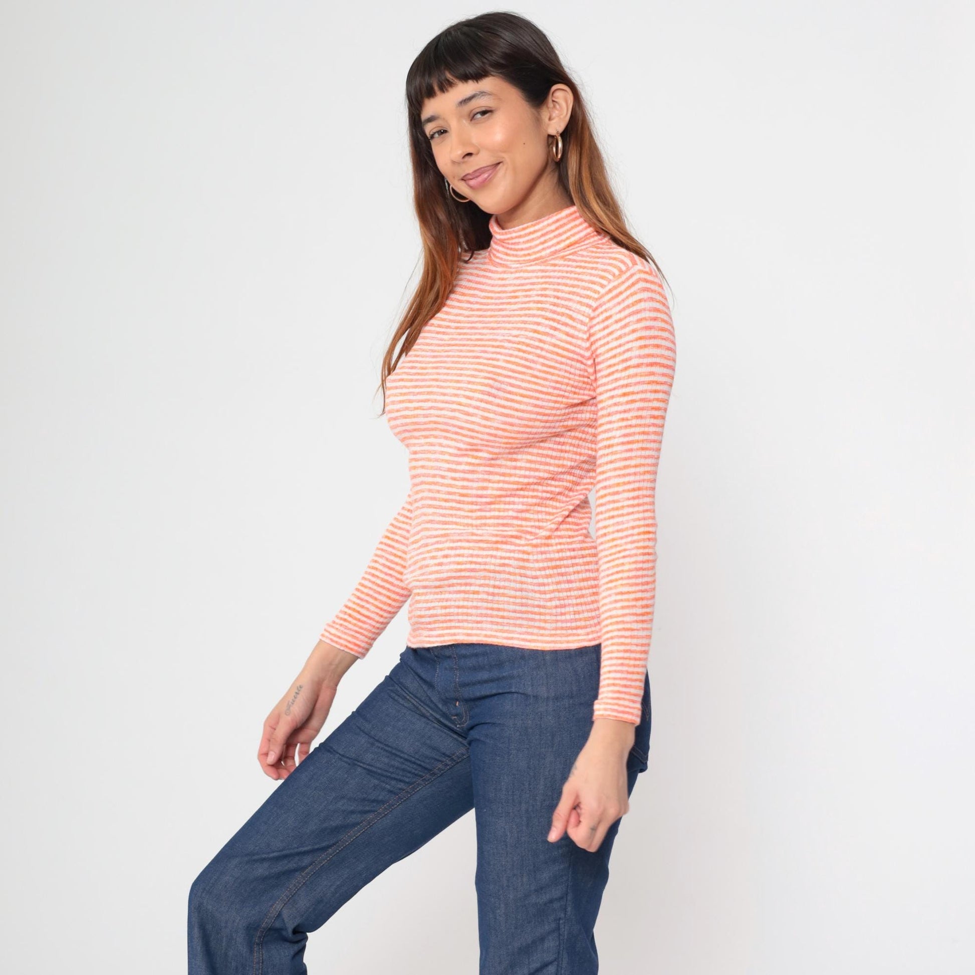 70s Orange White Striped Turtleneck Mock Neck Ribbed Knit Small S