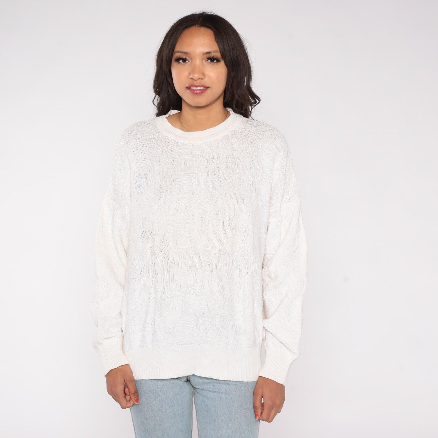 80s Neiman Marcus Cable Knit Sweater Cream Cotton Crew Neck Large L