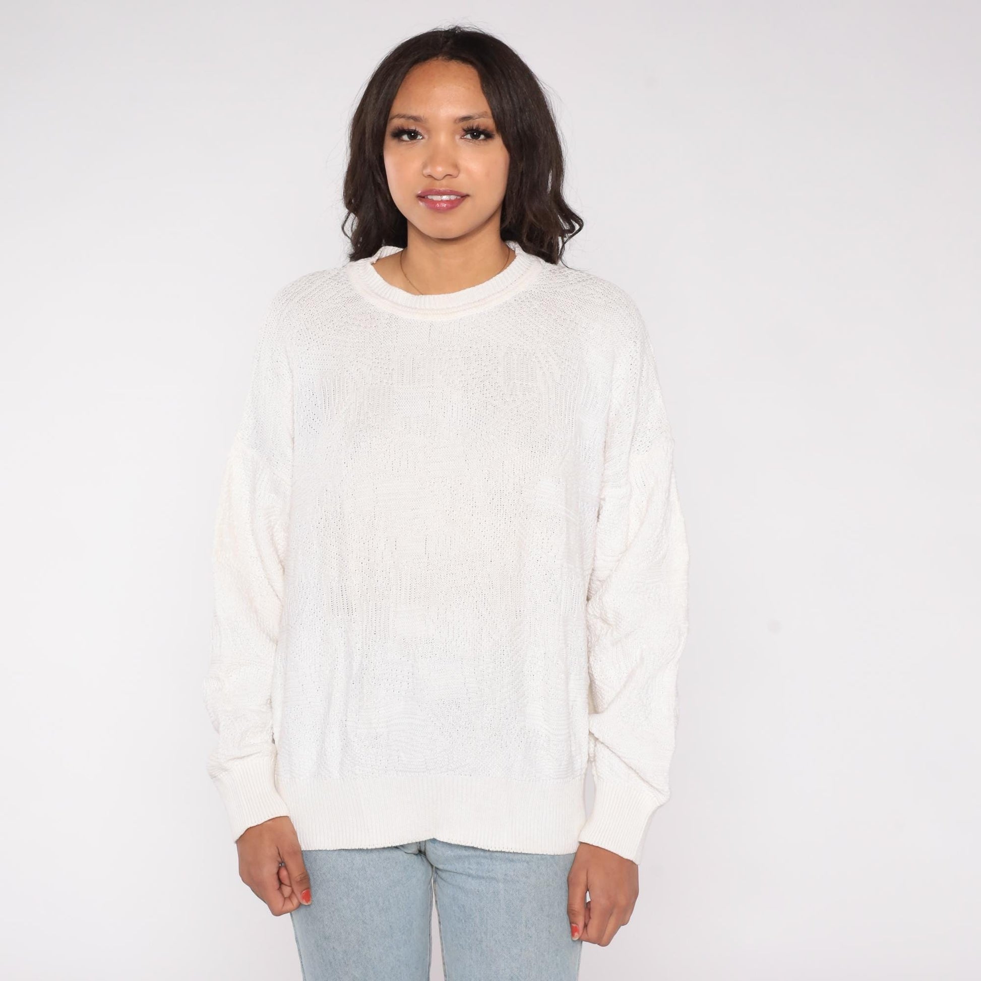 80s Neiman Marcus Cable Knit Sweater Cream Cotton Crew Neck Large L